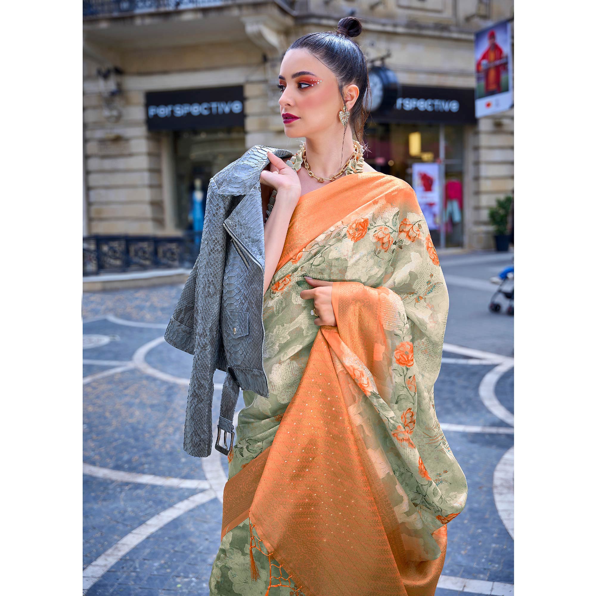 Beige Floral Woven Brasso Saree With Tassels