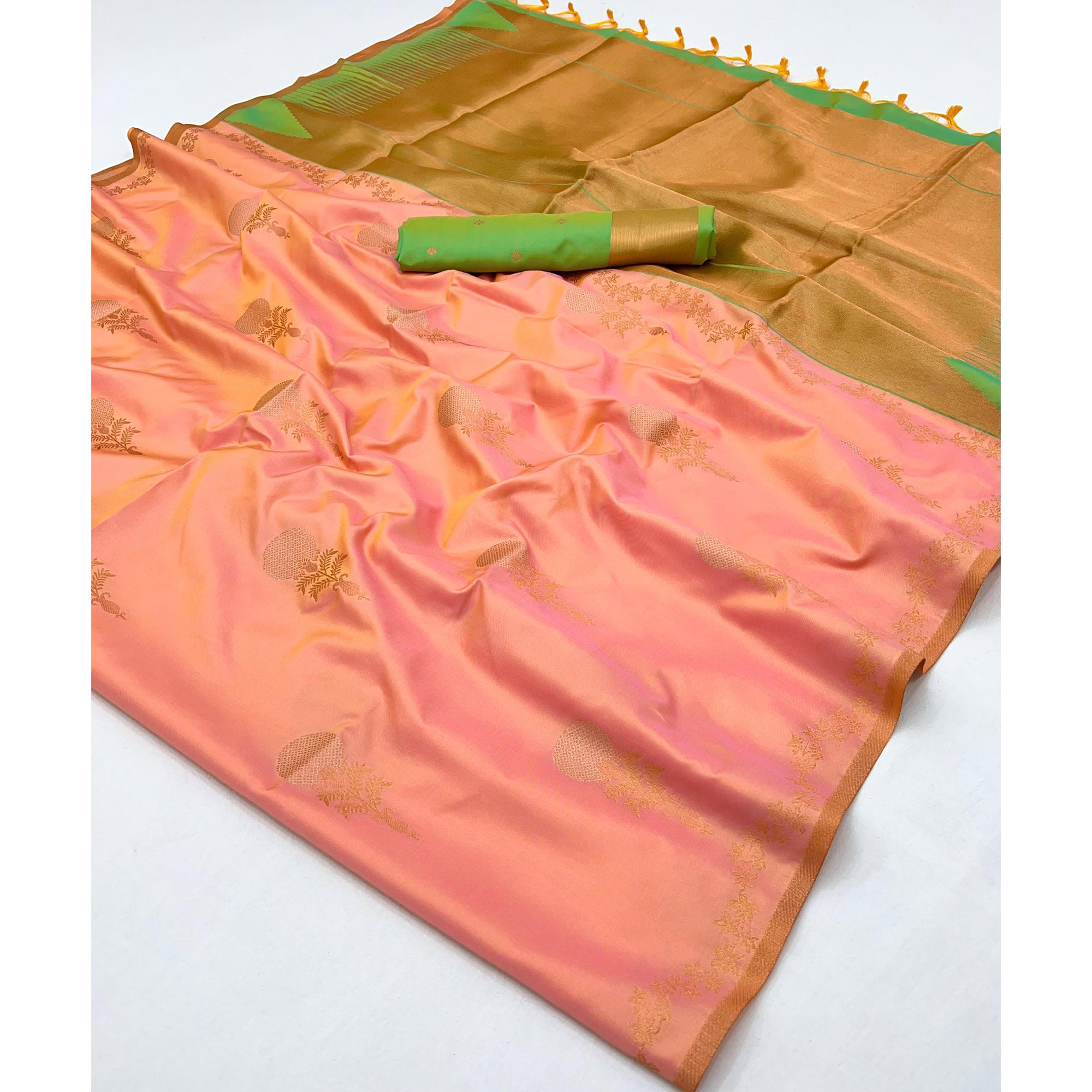Peach Banarasi Silk Saree with Floral Zari Weaving