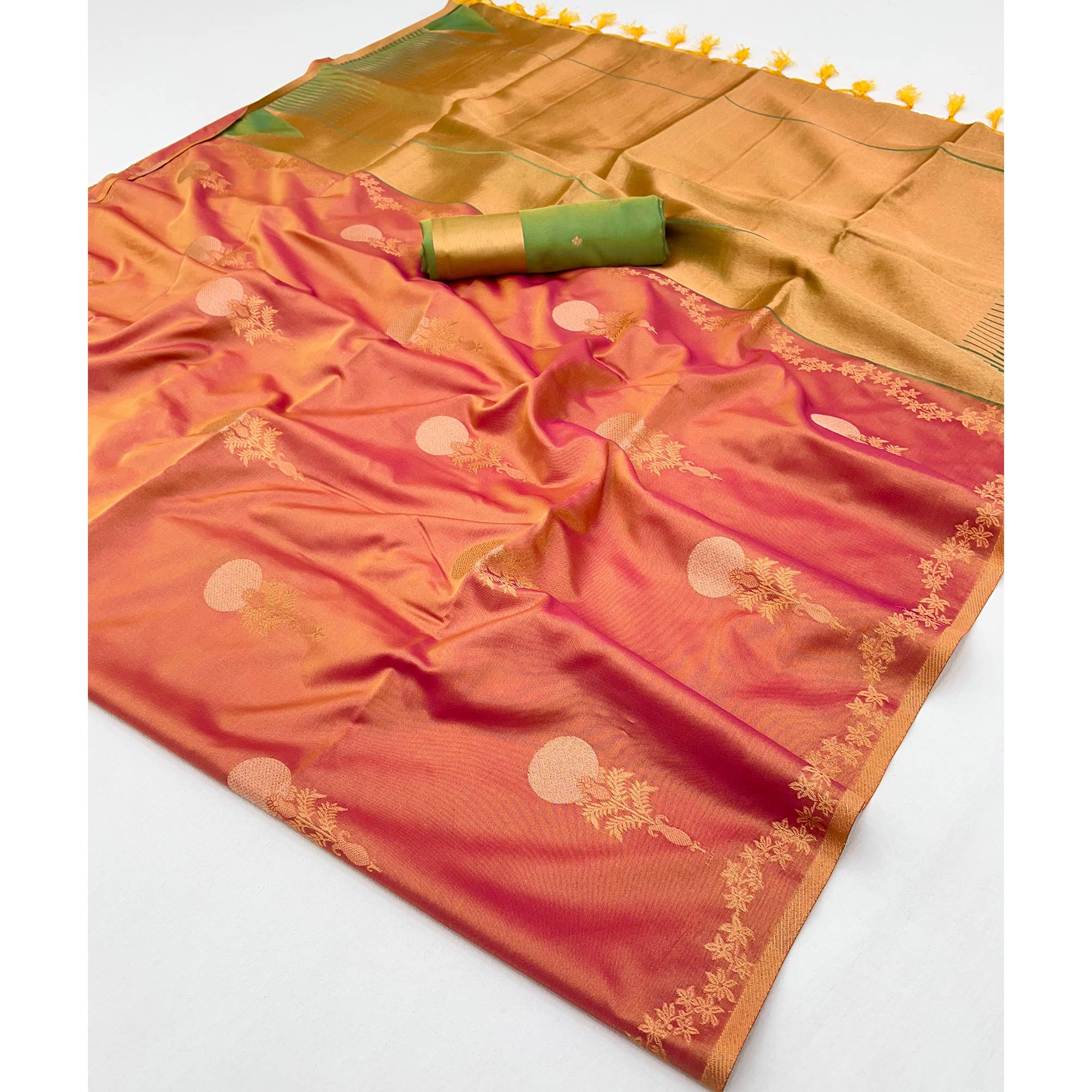 Dark Peach Banarasi Silk Saree with Floral Zari Weaving