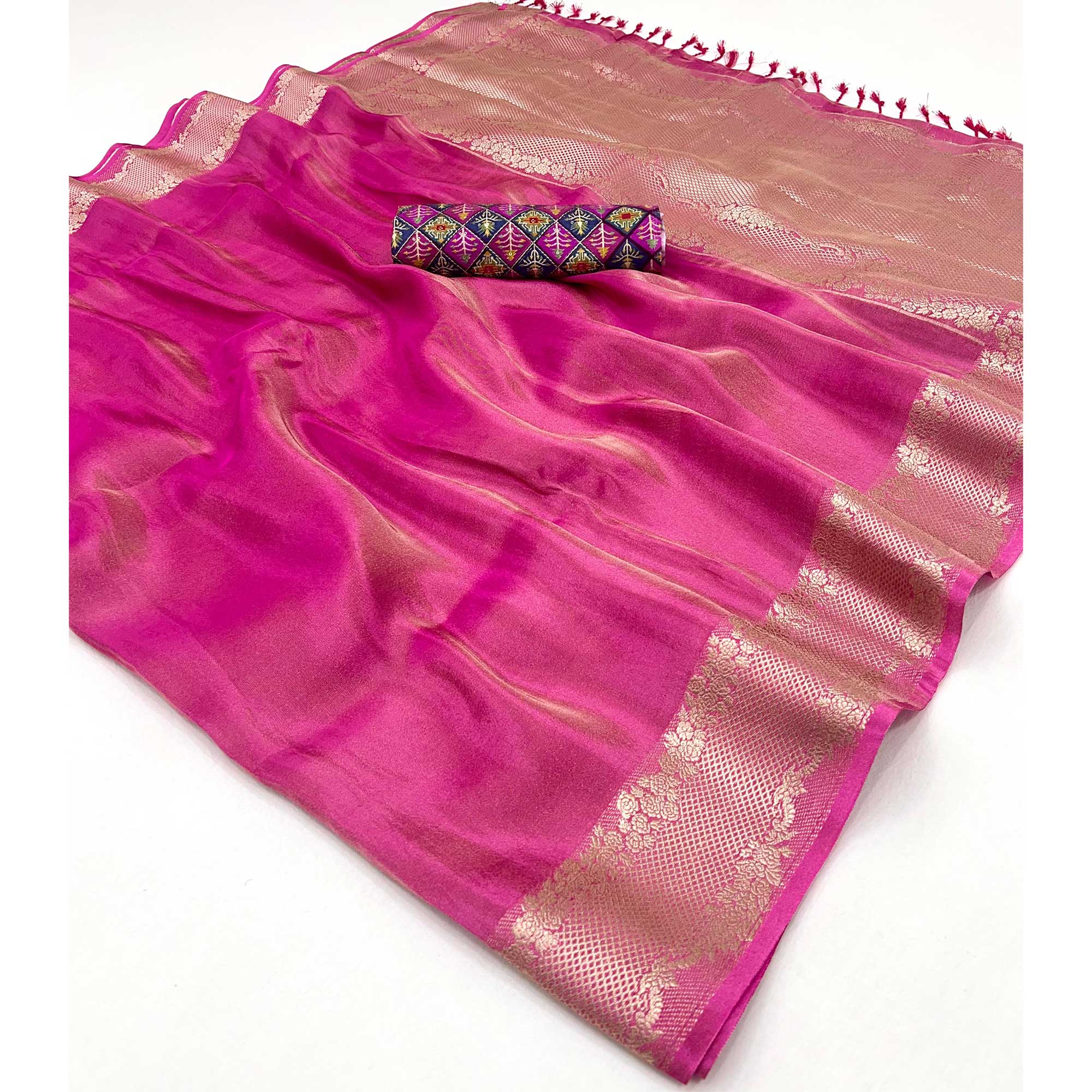 Pink Tissue Saree Adorned with Zari Weaving Border