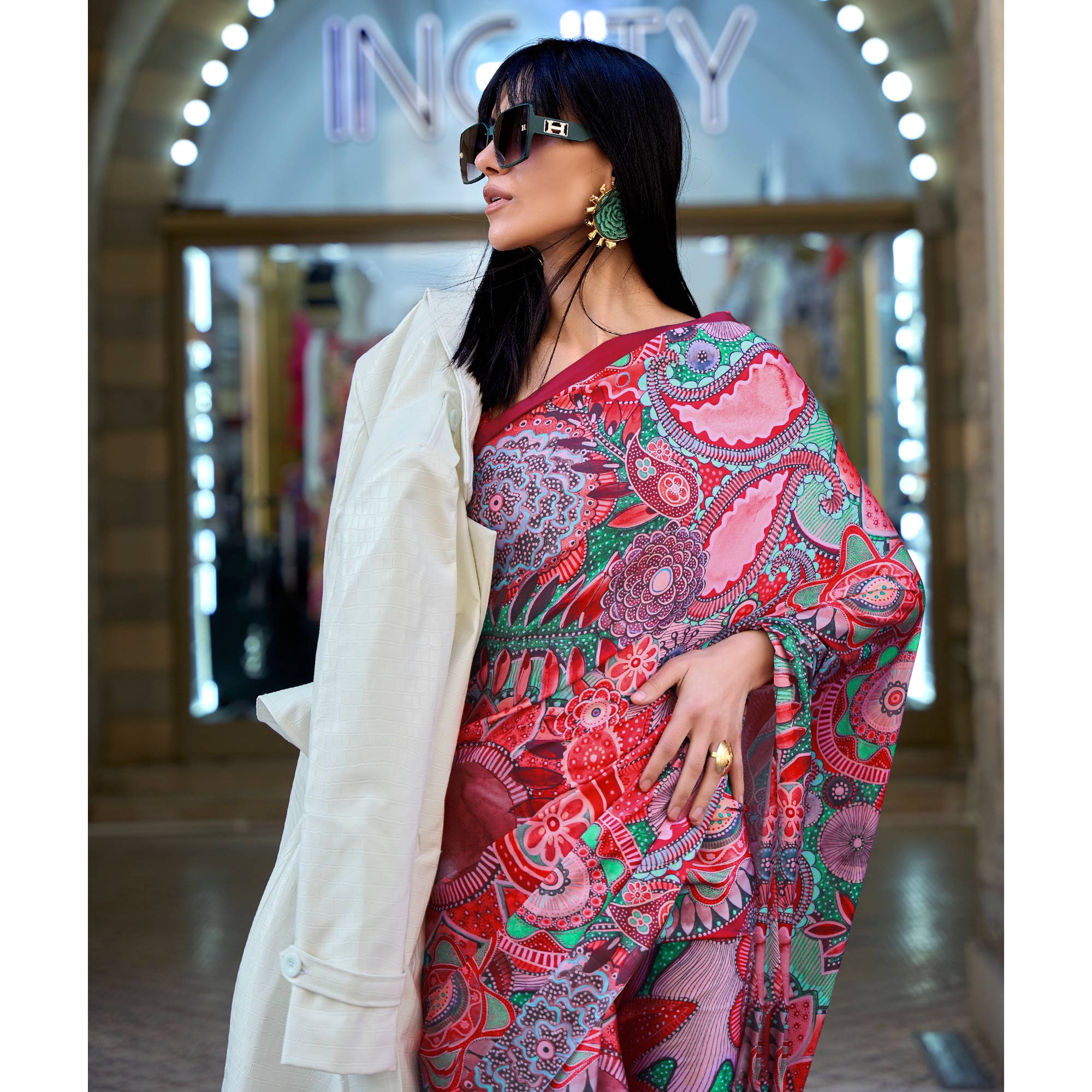 Gajri Pink Digital Printed Satin Saree