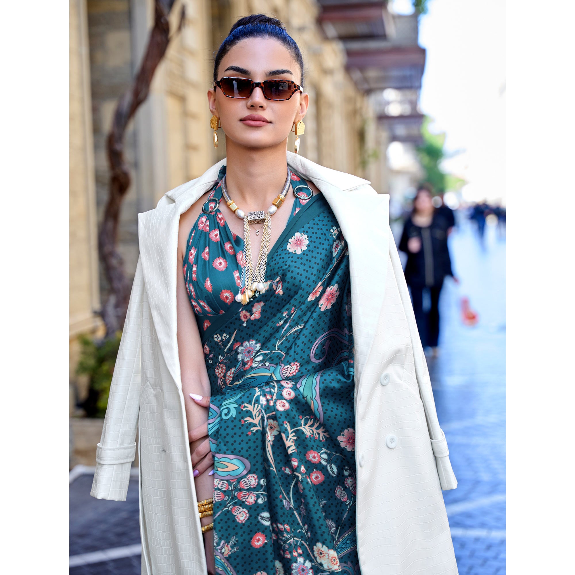 Teal Blue Digital Printed Satin Saree