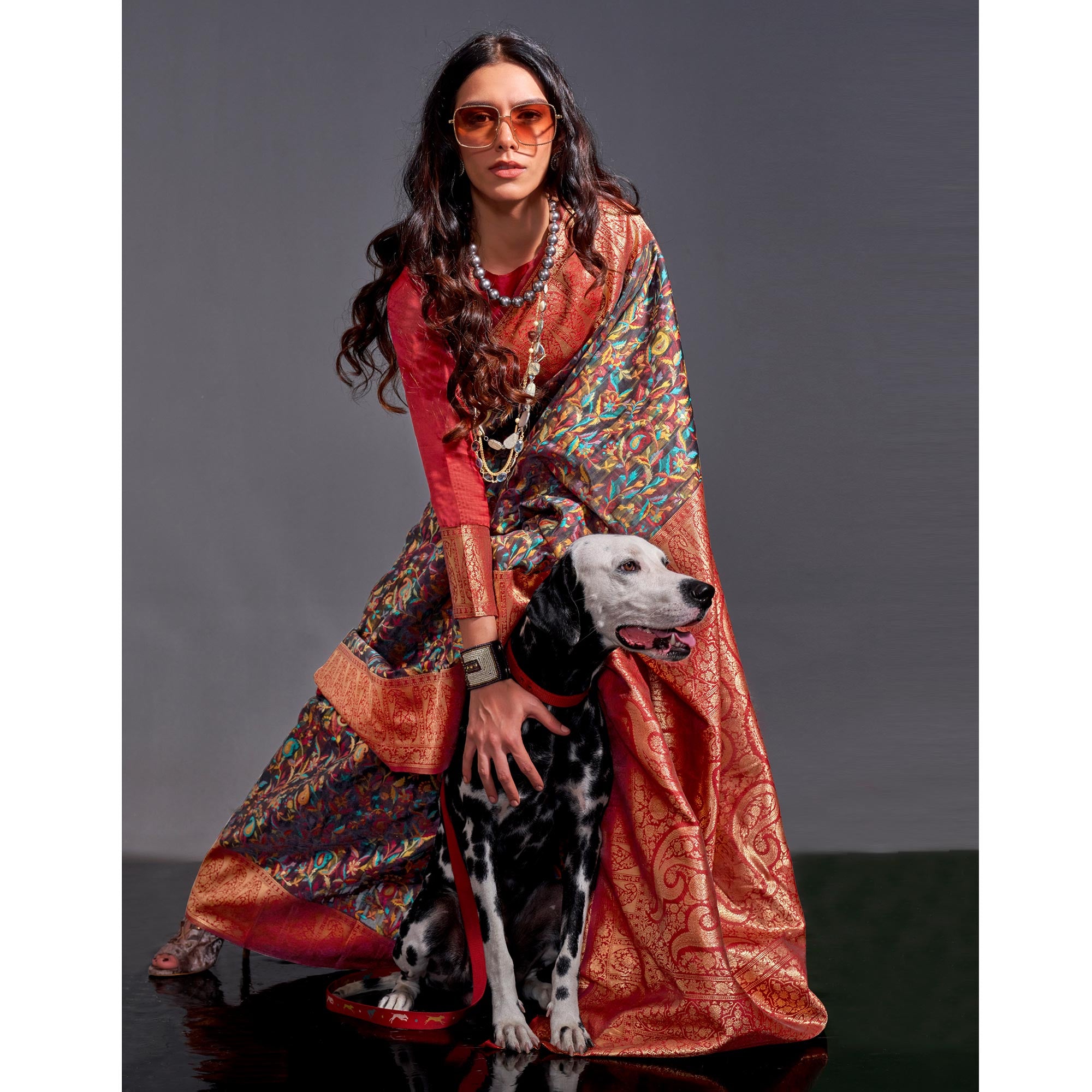 Black Floral Woven Chanderi Silk Saree