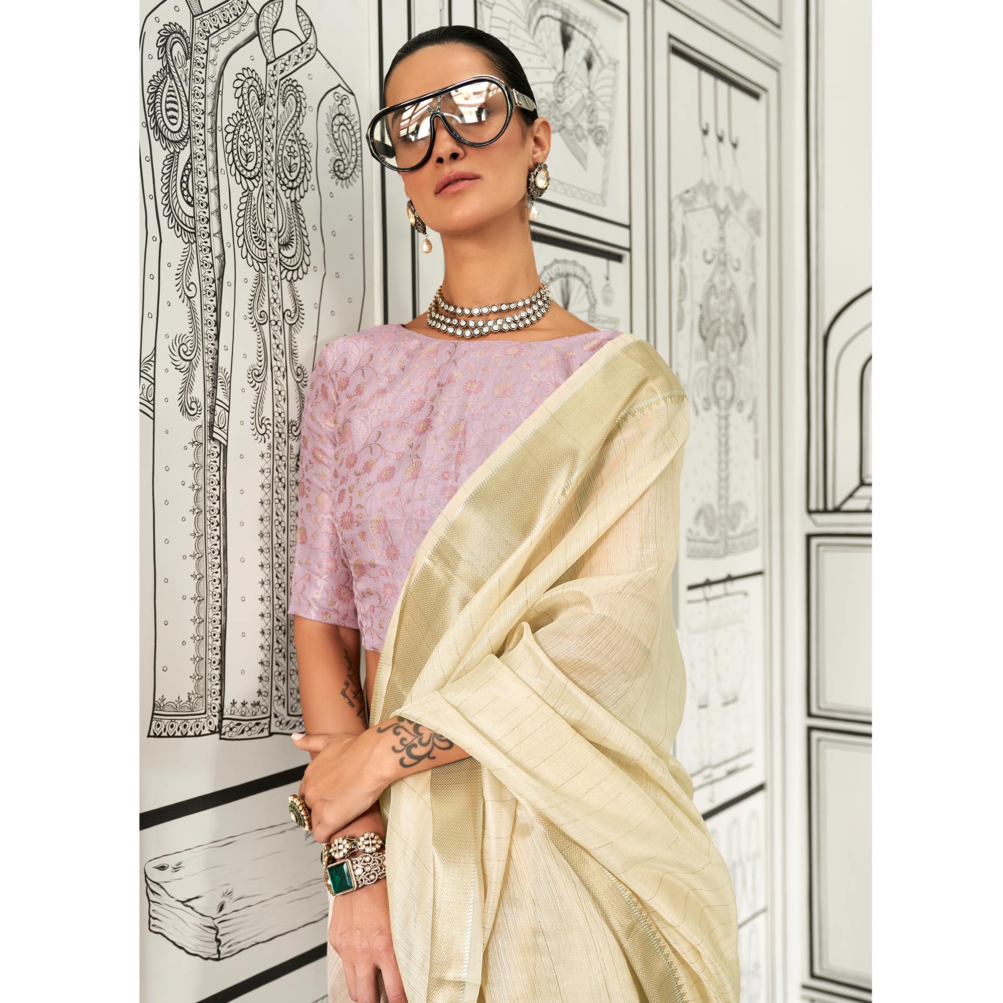 Beige Woven Zari Chiffon Saree