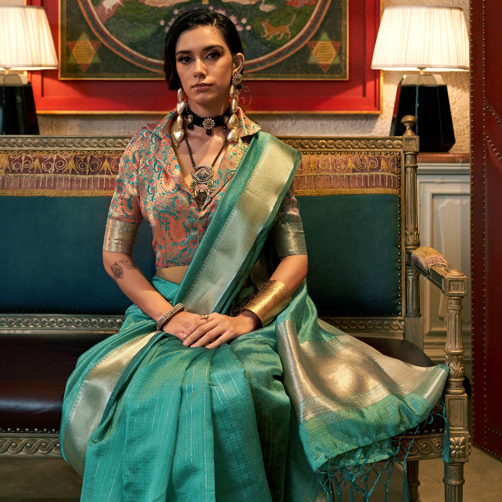 Rama Green Handloom Woven Chiffon Saree
