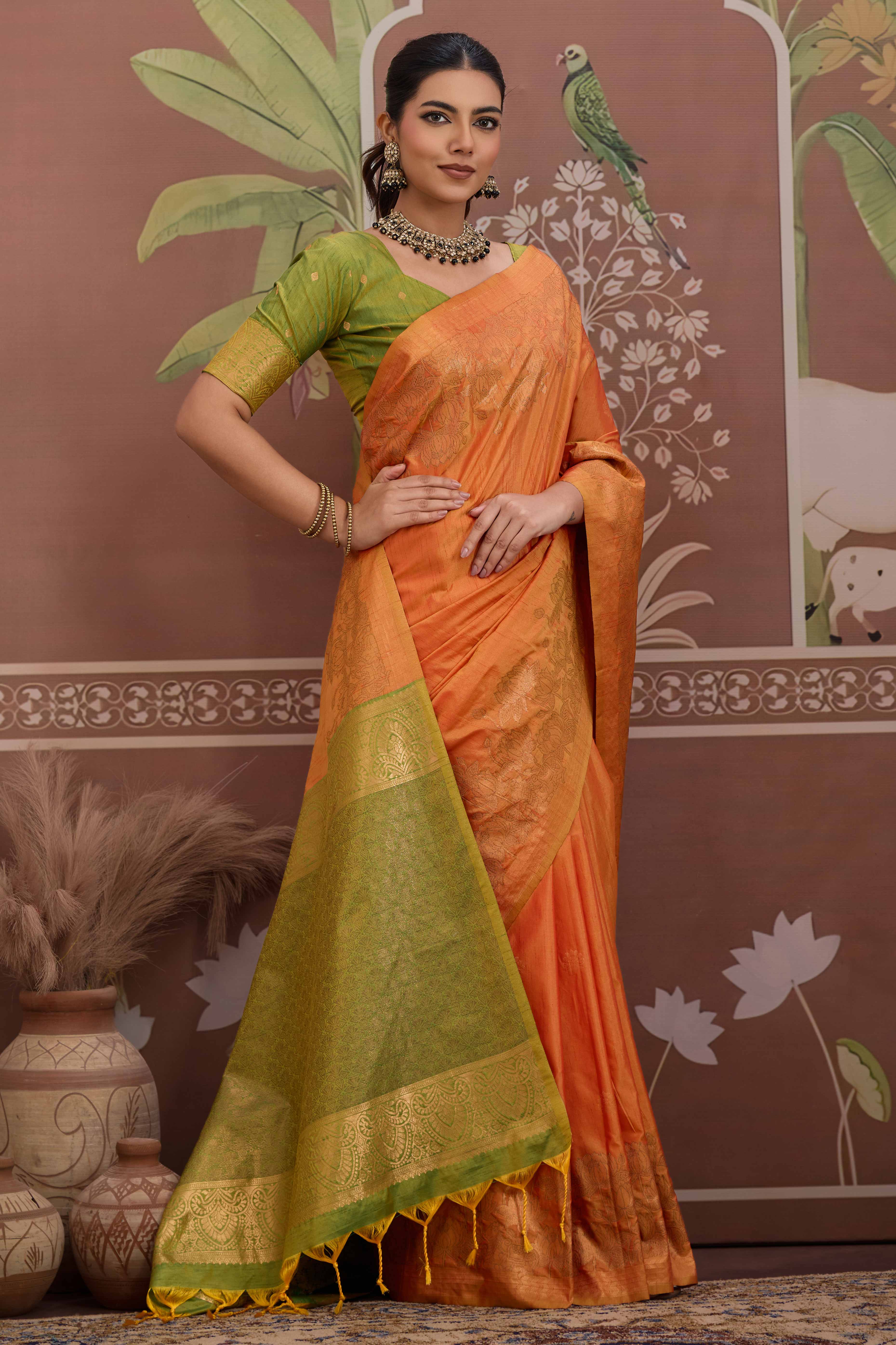 Luxury Orange Pichwai Style Saree in Silk Blend with Intricate Zari Work