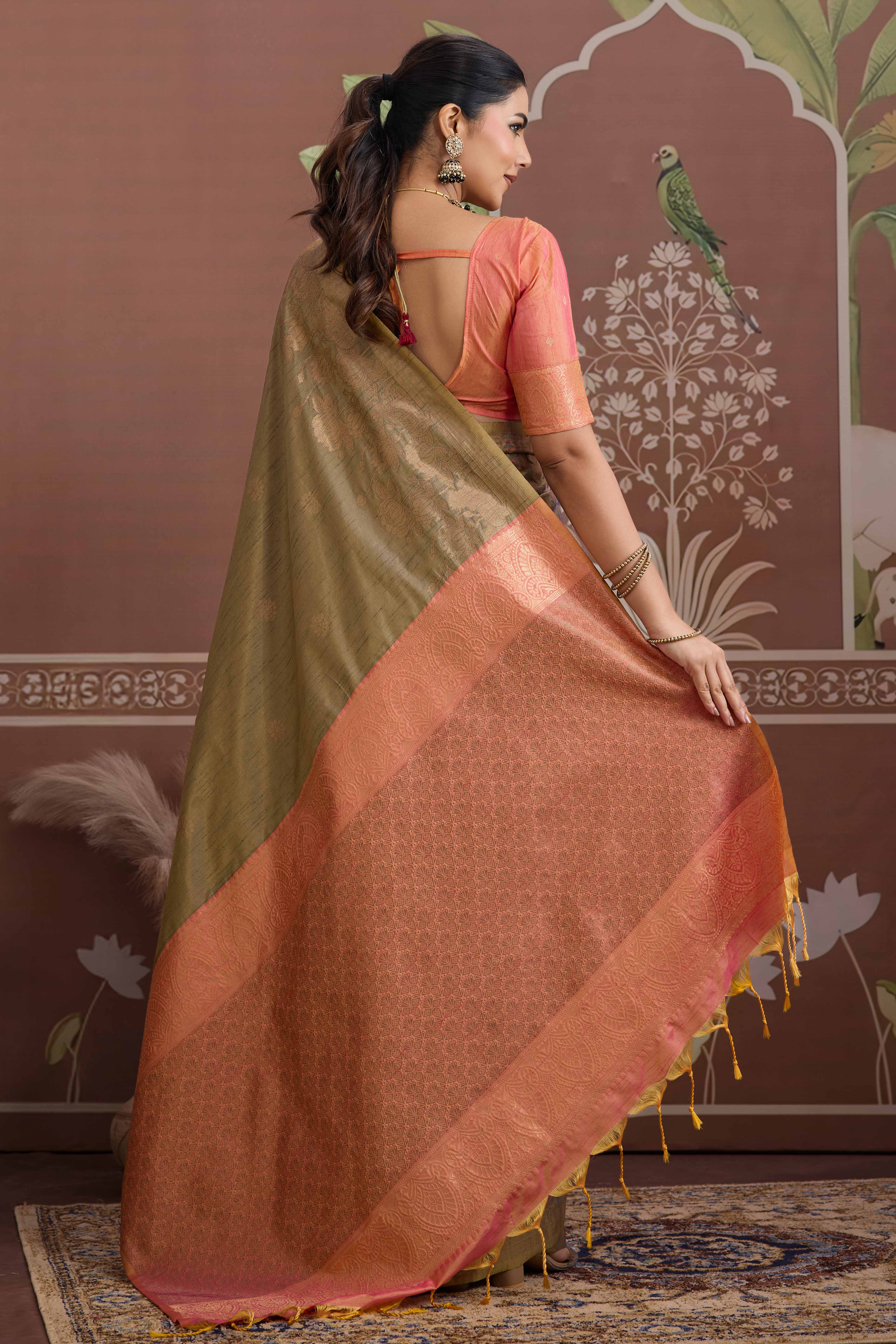 Luxury Olive Pichwai Style Saree in Silk Blend with Intricate Zari Work