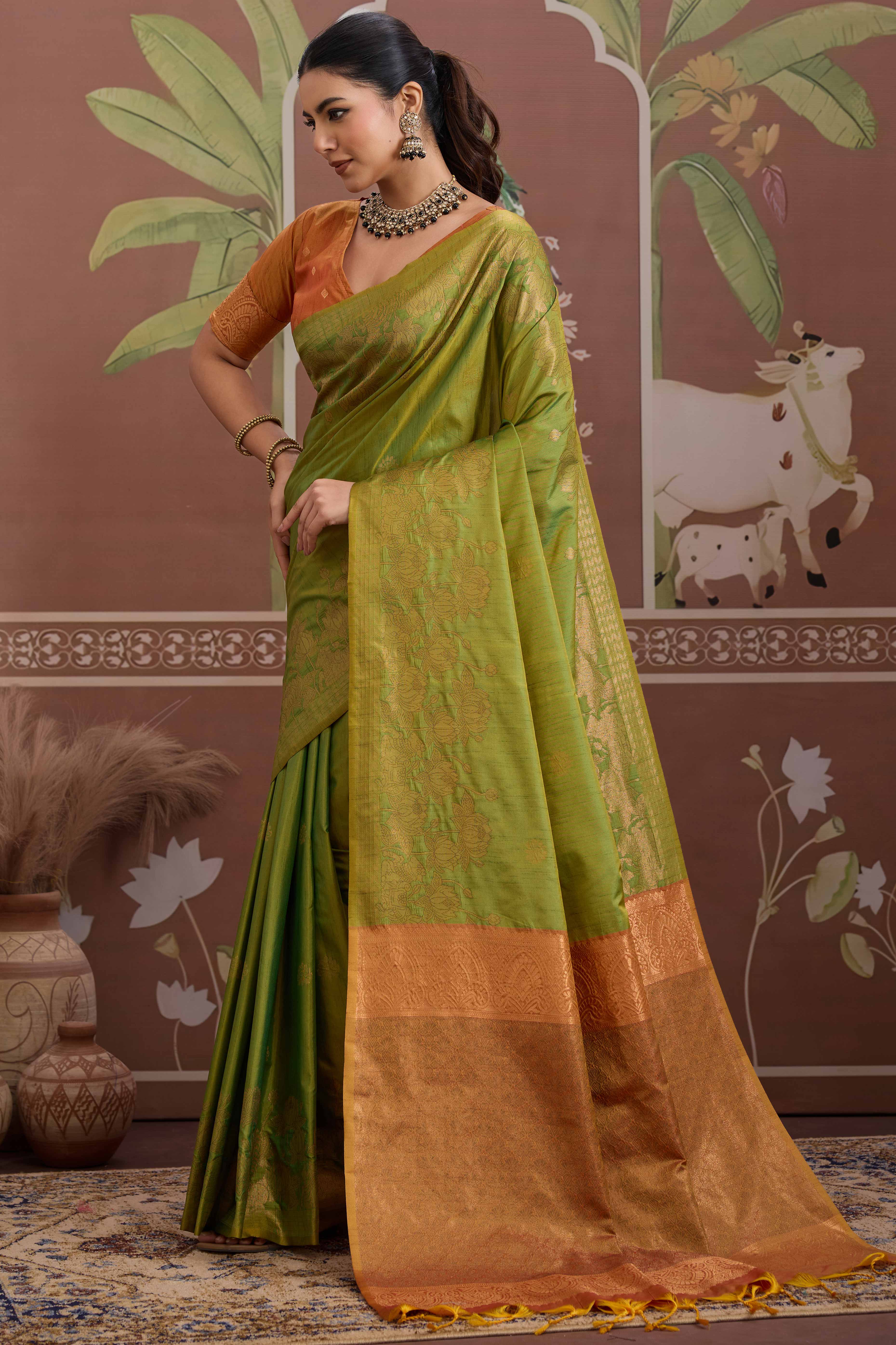 Luxury Lime Green Pichwai Style Saree in Silk Blend with Intricate Zari Work