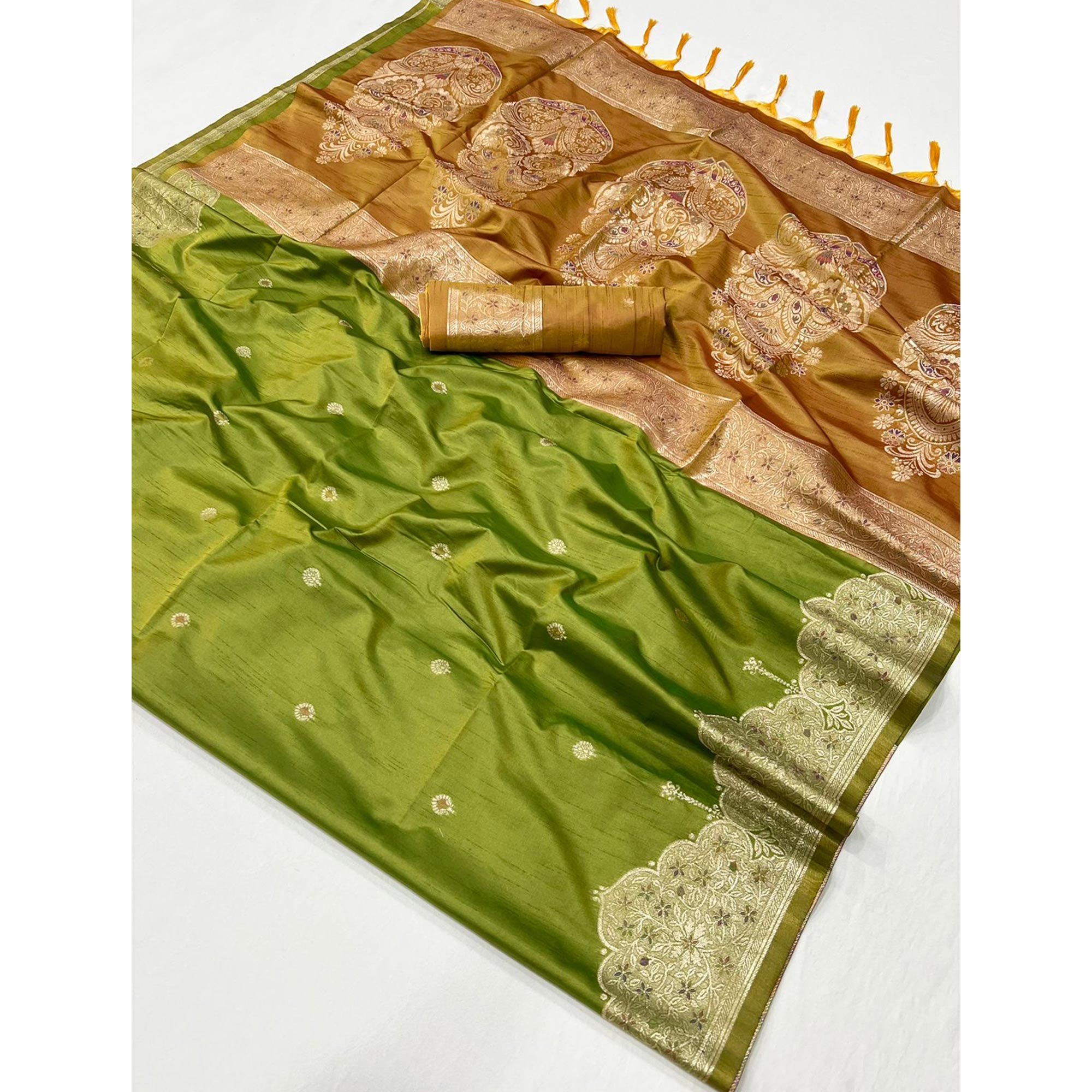 Green Floral Zari Woven Tussar Silk Saree