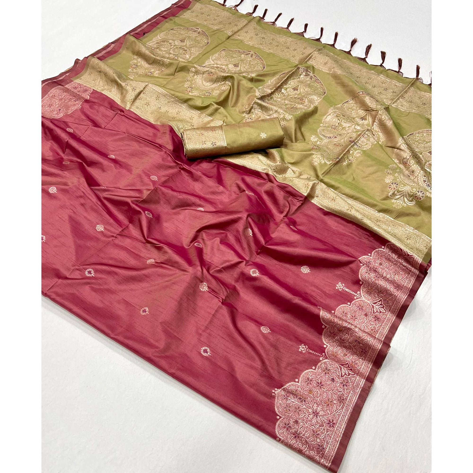 Pink Floral Zari Woven Tussar Silk Saree