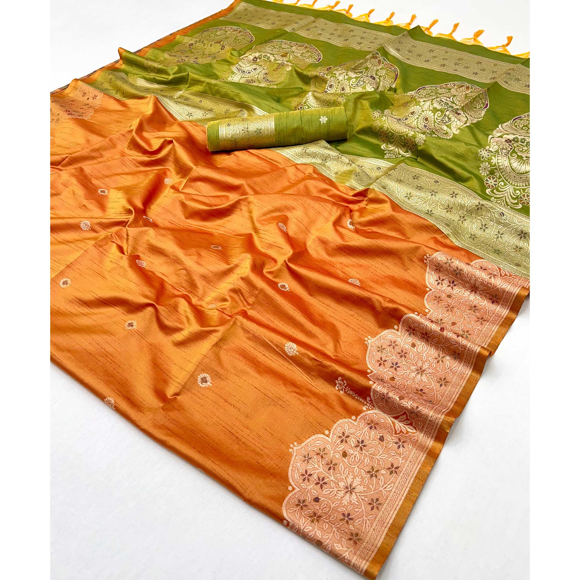 Orange Floral Zari Woven Tussar Silk Saree