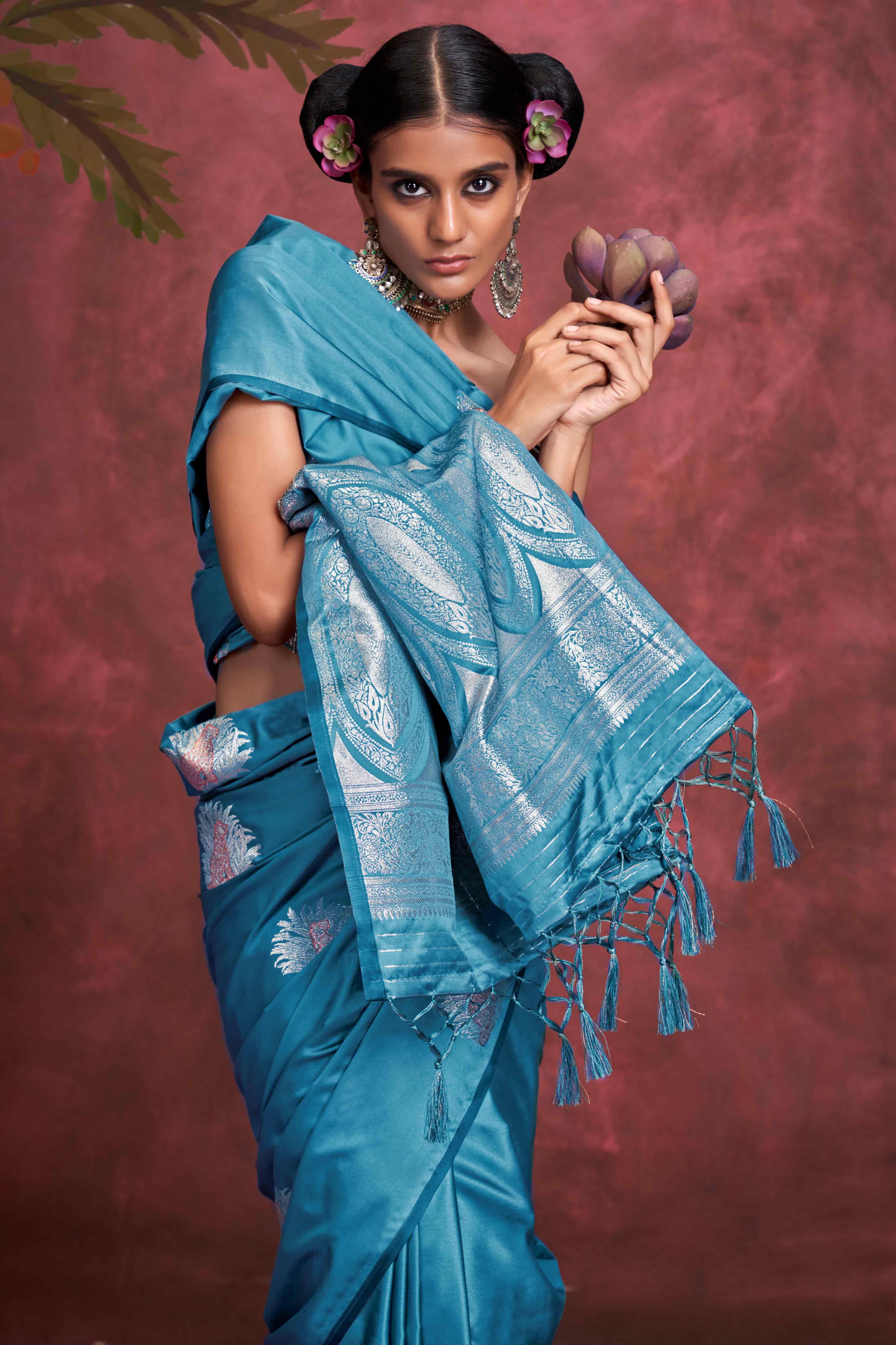 Teal Handloom Weaving Satin Saree