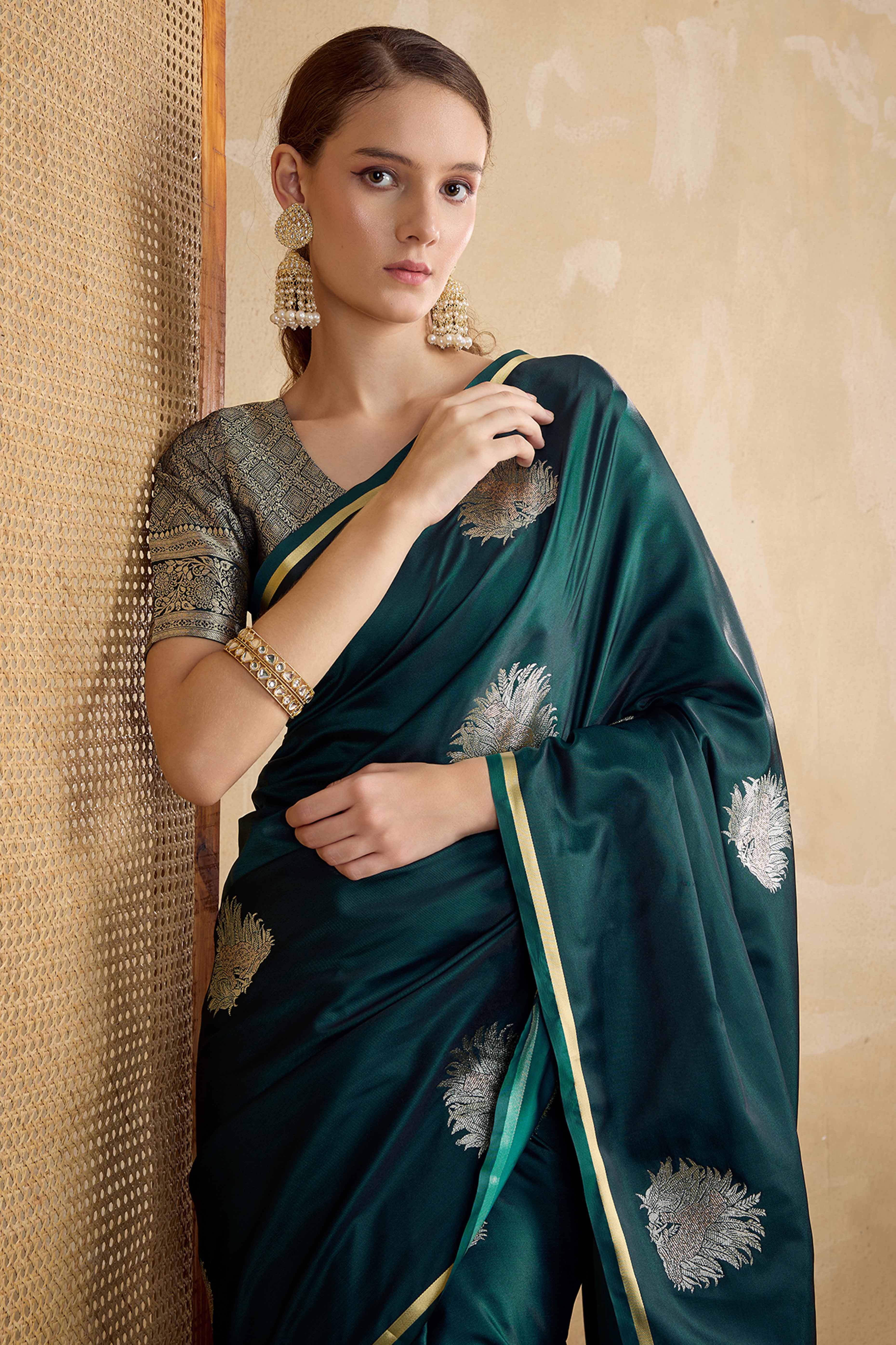 Morpich Green Satin Saree Featuring Intricate Handloom Weaving