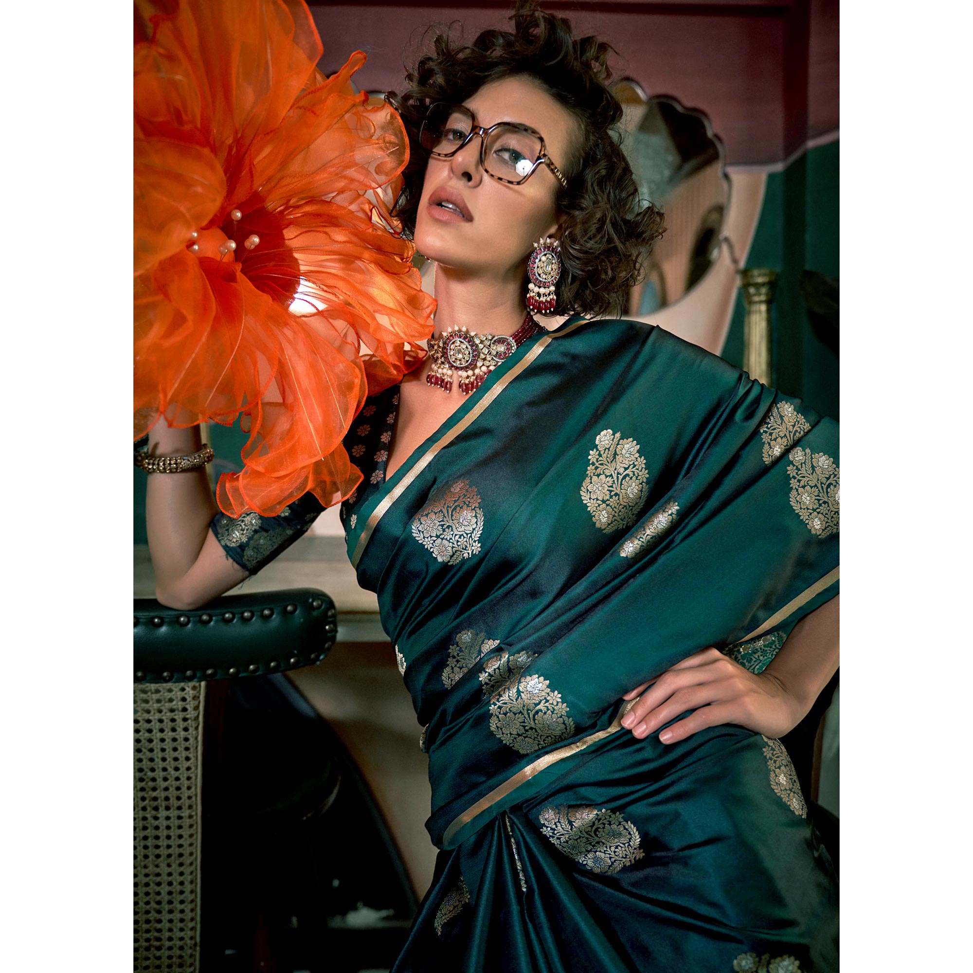 Green Floral Design Zari Woven Satin Saree