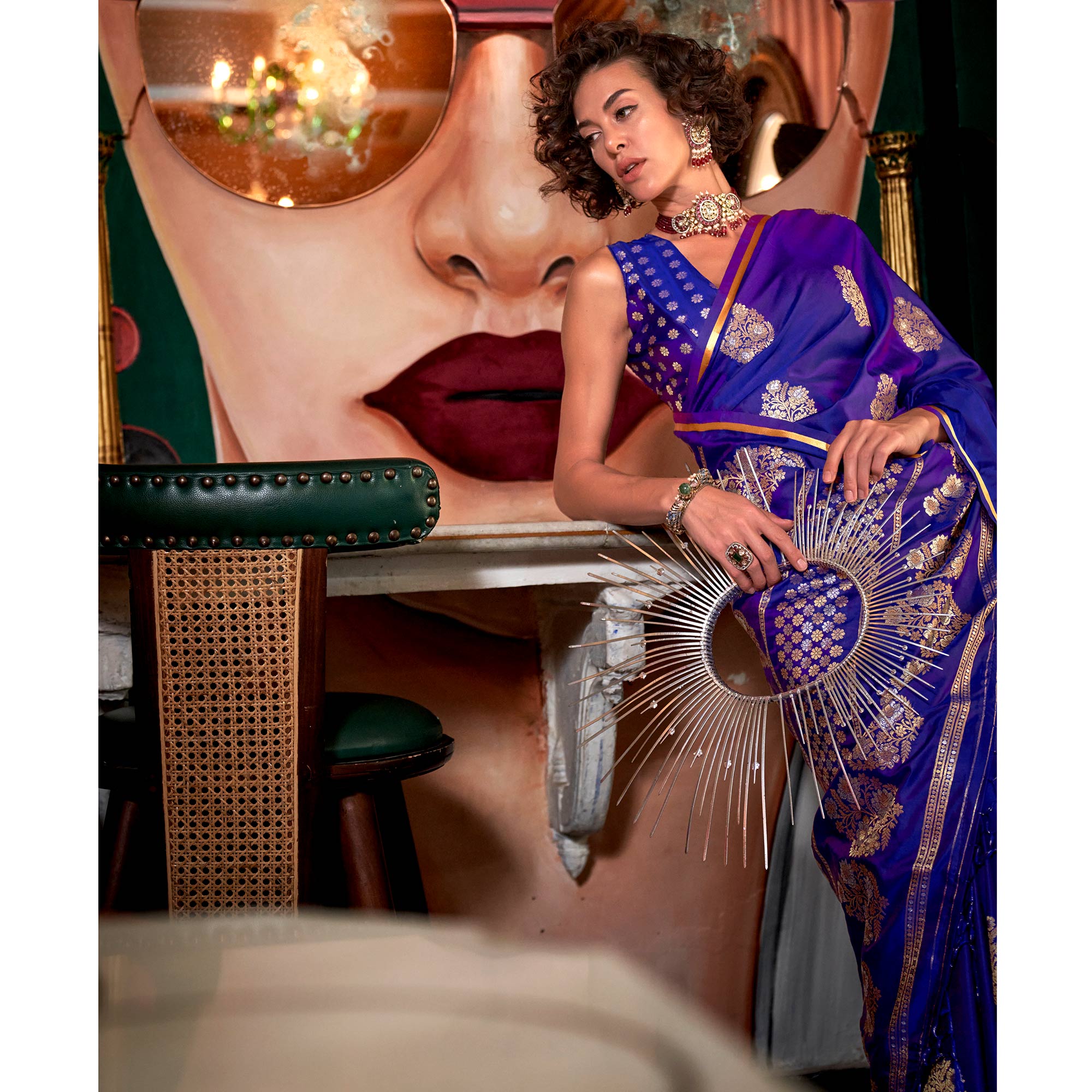 Violet Floral Design Zari Woven Satin Saree