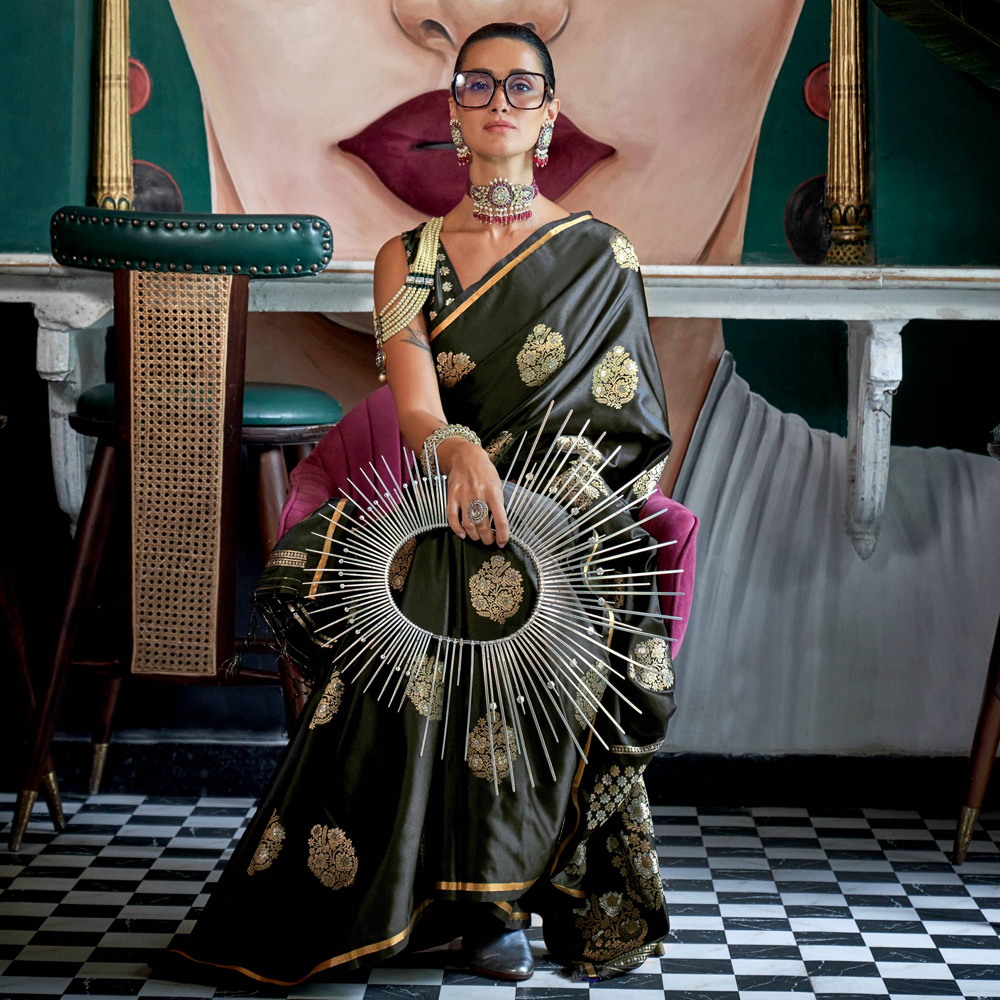 Black Floral Design Zari Woven Satin Saree