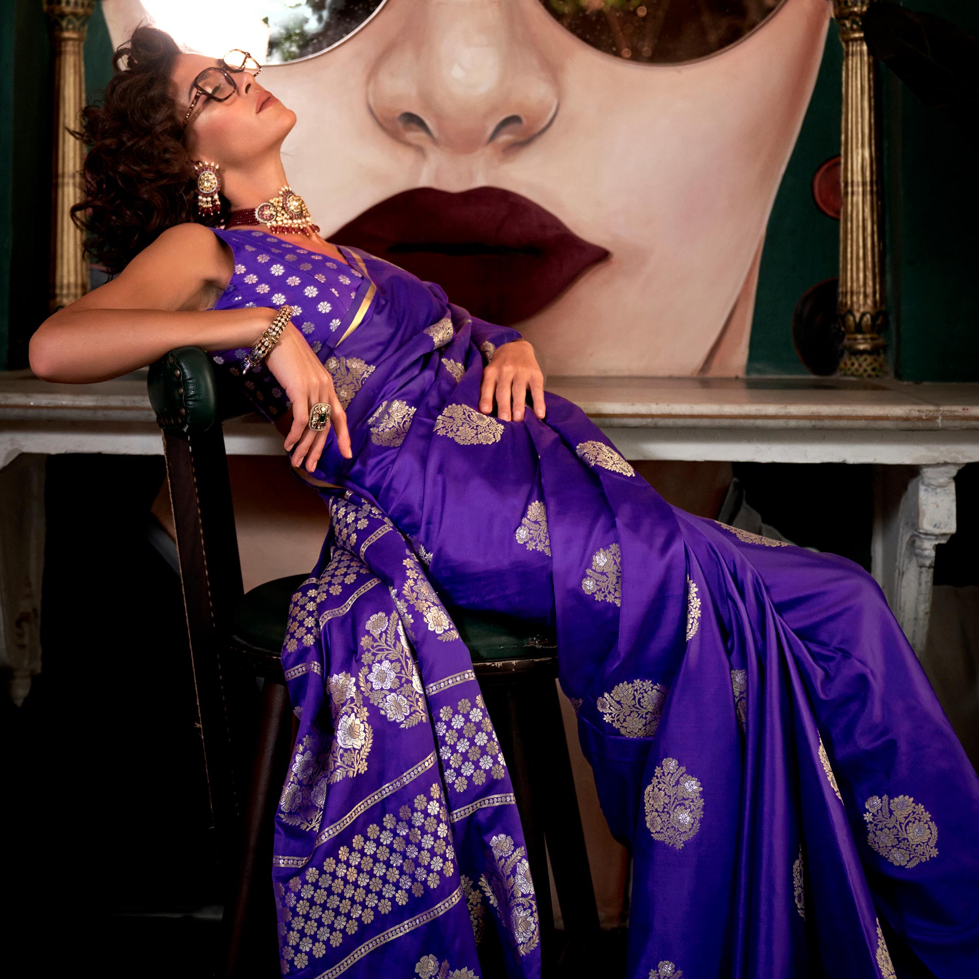 Purple Floral Design Zari Woven Satin Saree