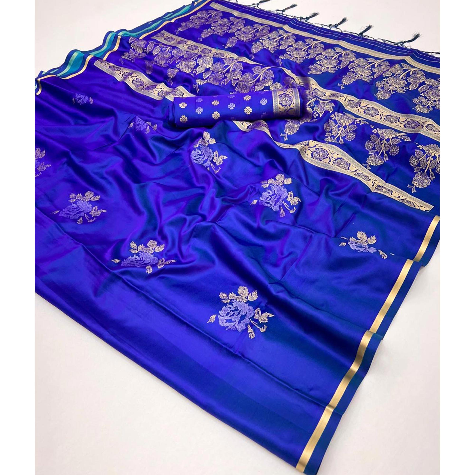 Royal Blue Satin Saree with Zari Weaving and Tassel Detailing