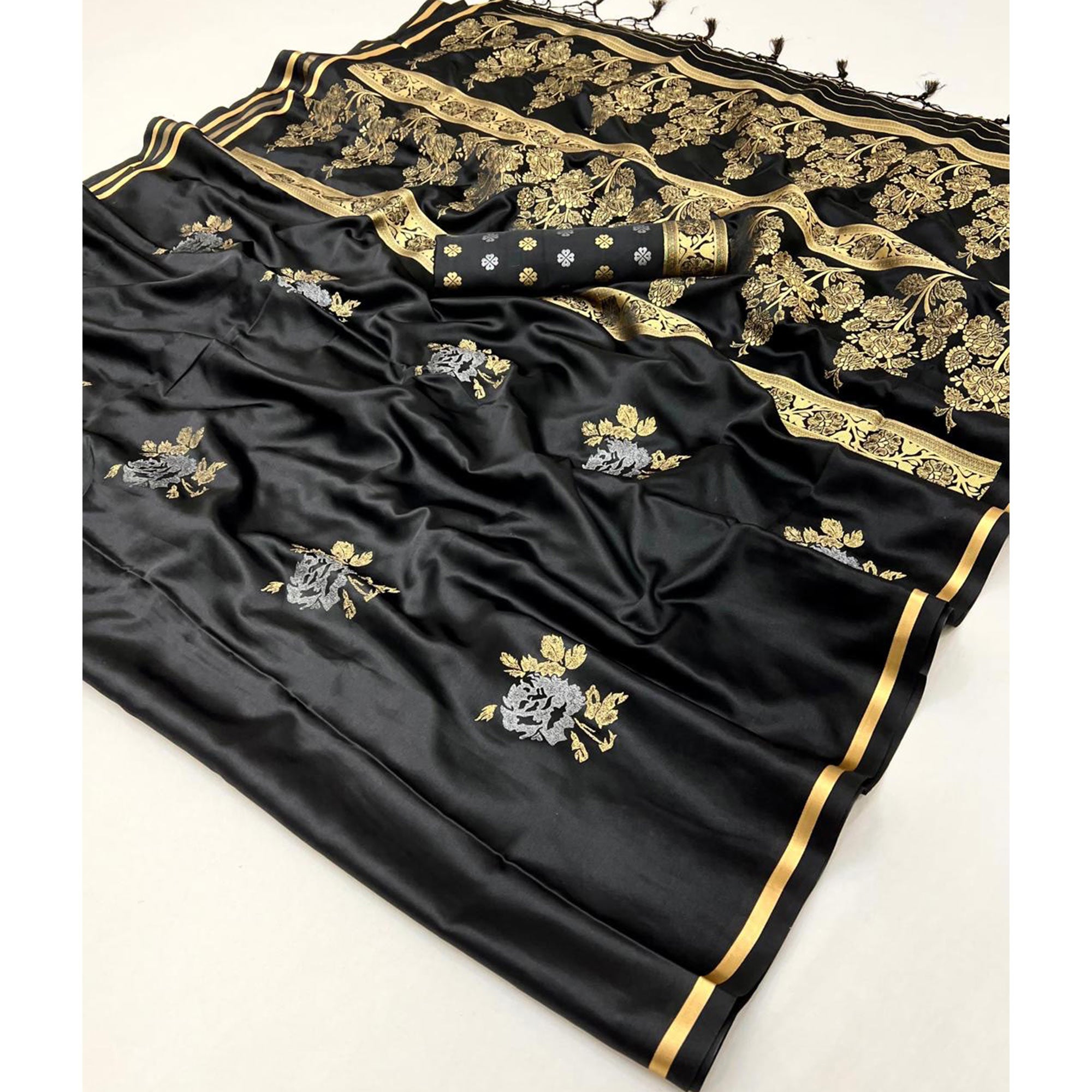 Black Satin Saree with Zari Weaving and Tassel Detailing