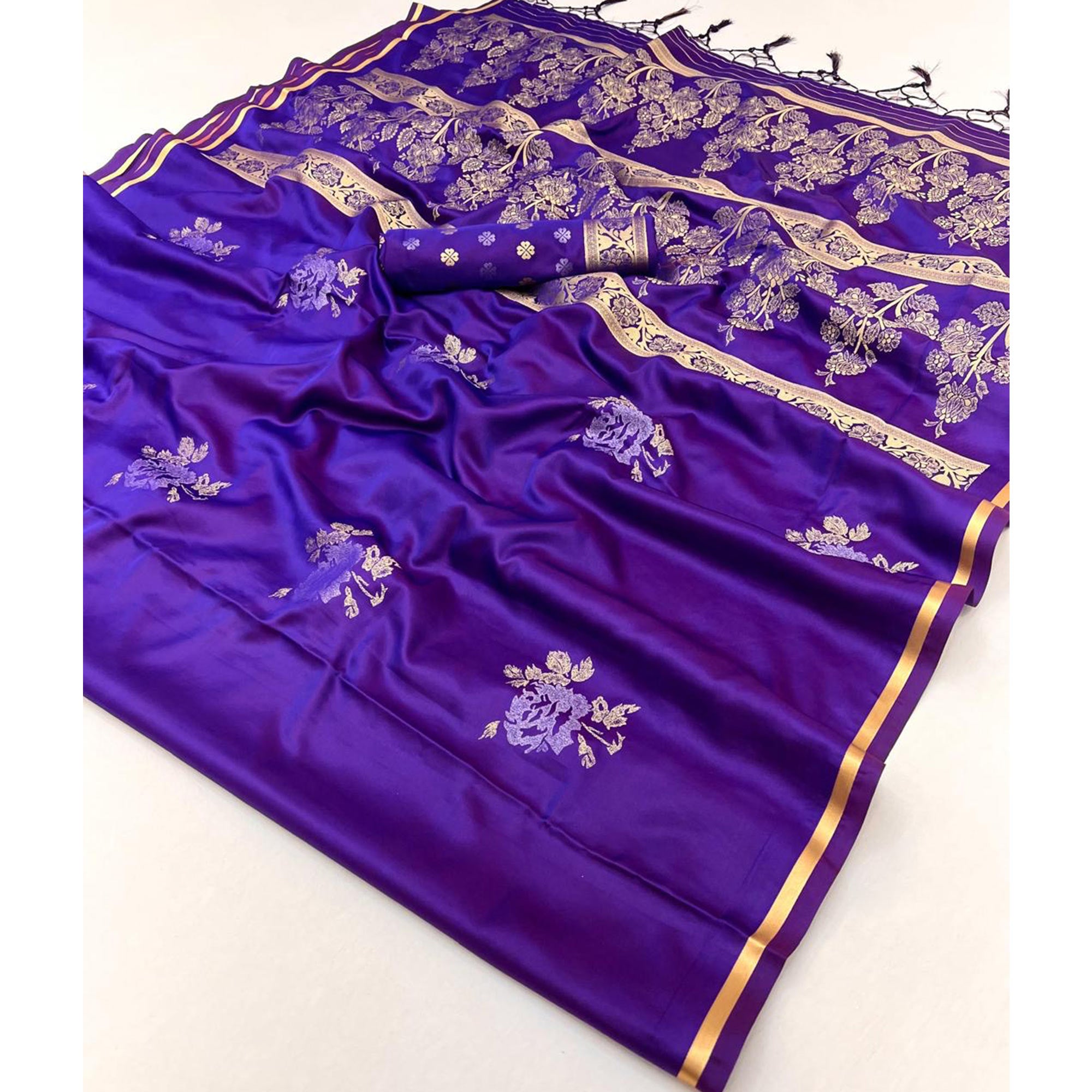 Bluish Purple Satin Saree with Zari Weaving and Tassel Detailing