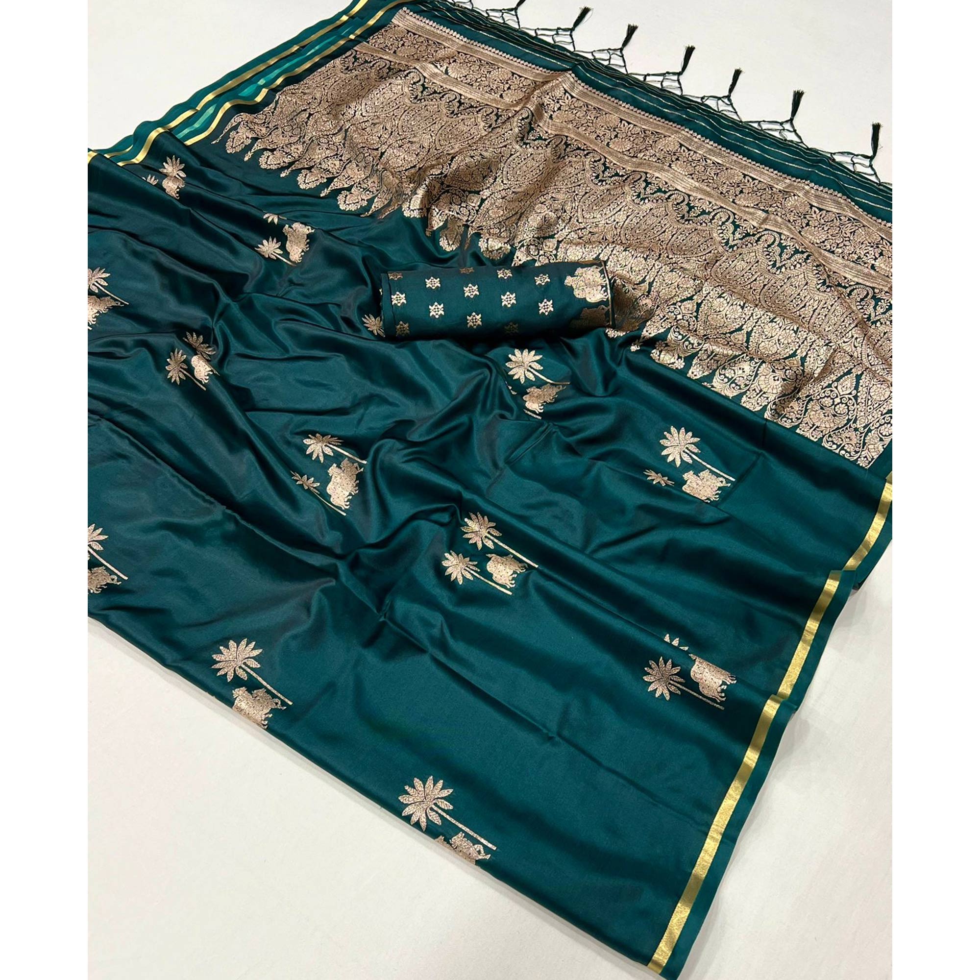 Green Floral Zari Weaving Satin Saree