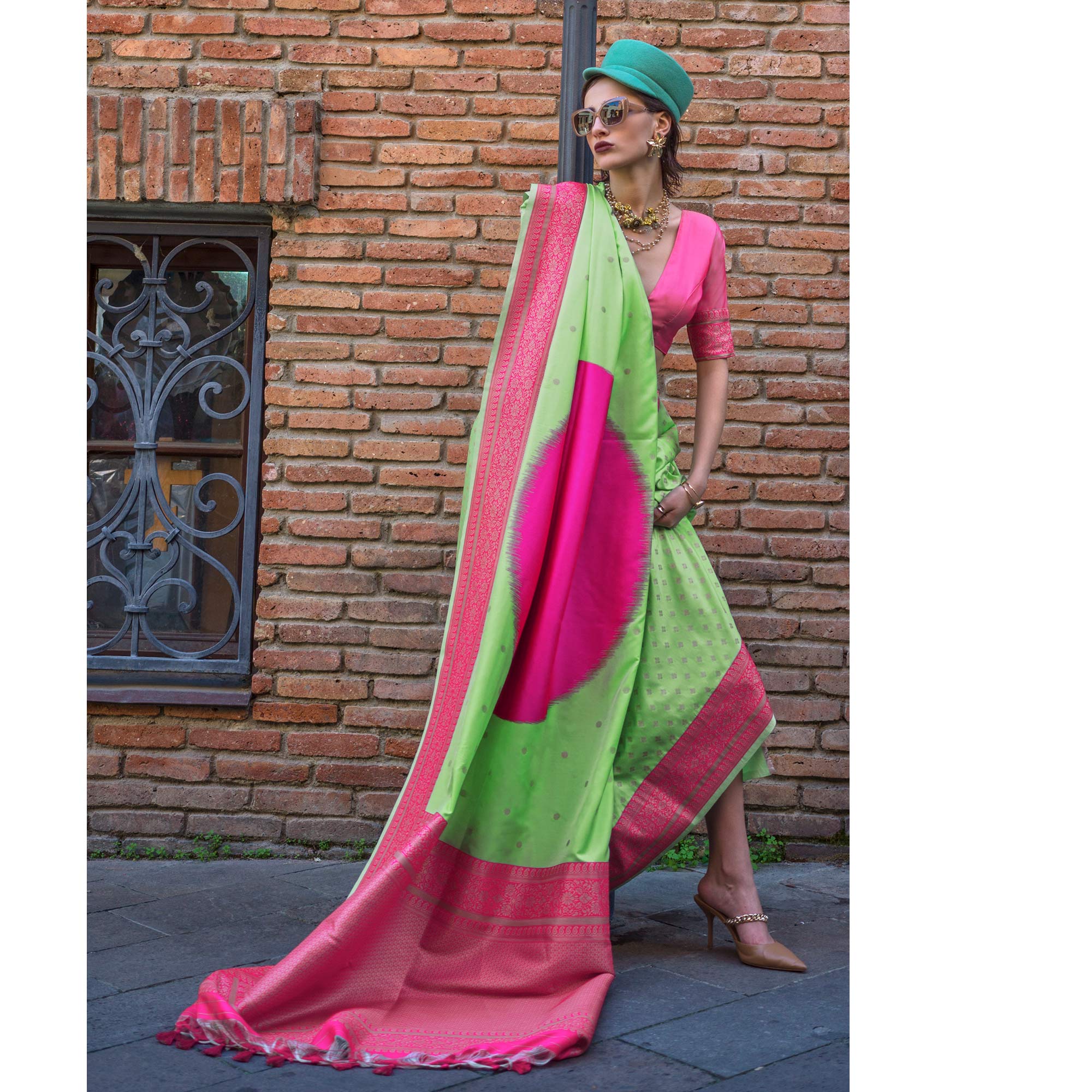 Parrot Green & Pink Zari Butti Work Banarasi Silk Saree