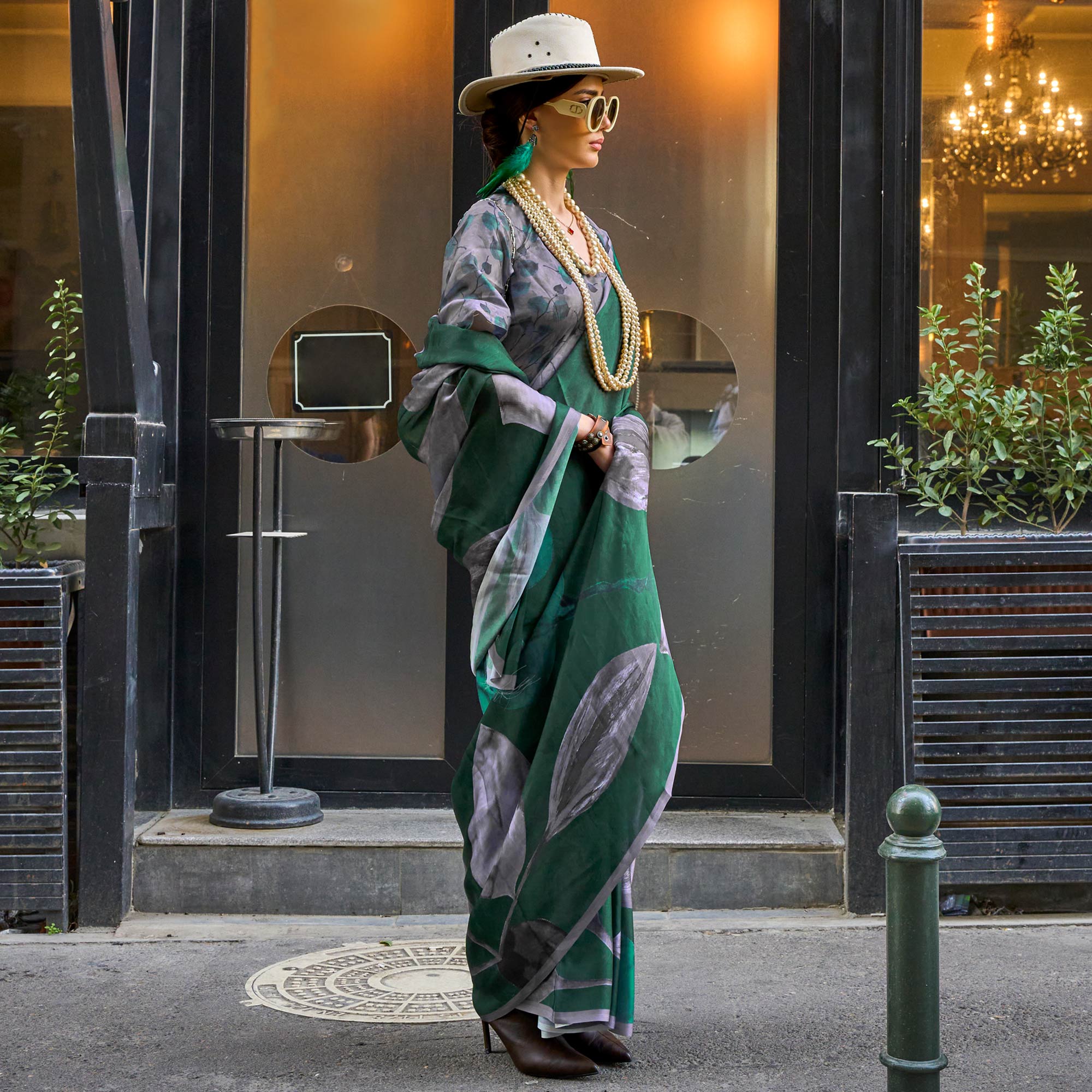 Green Floral Digital Printed Satin Saree