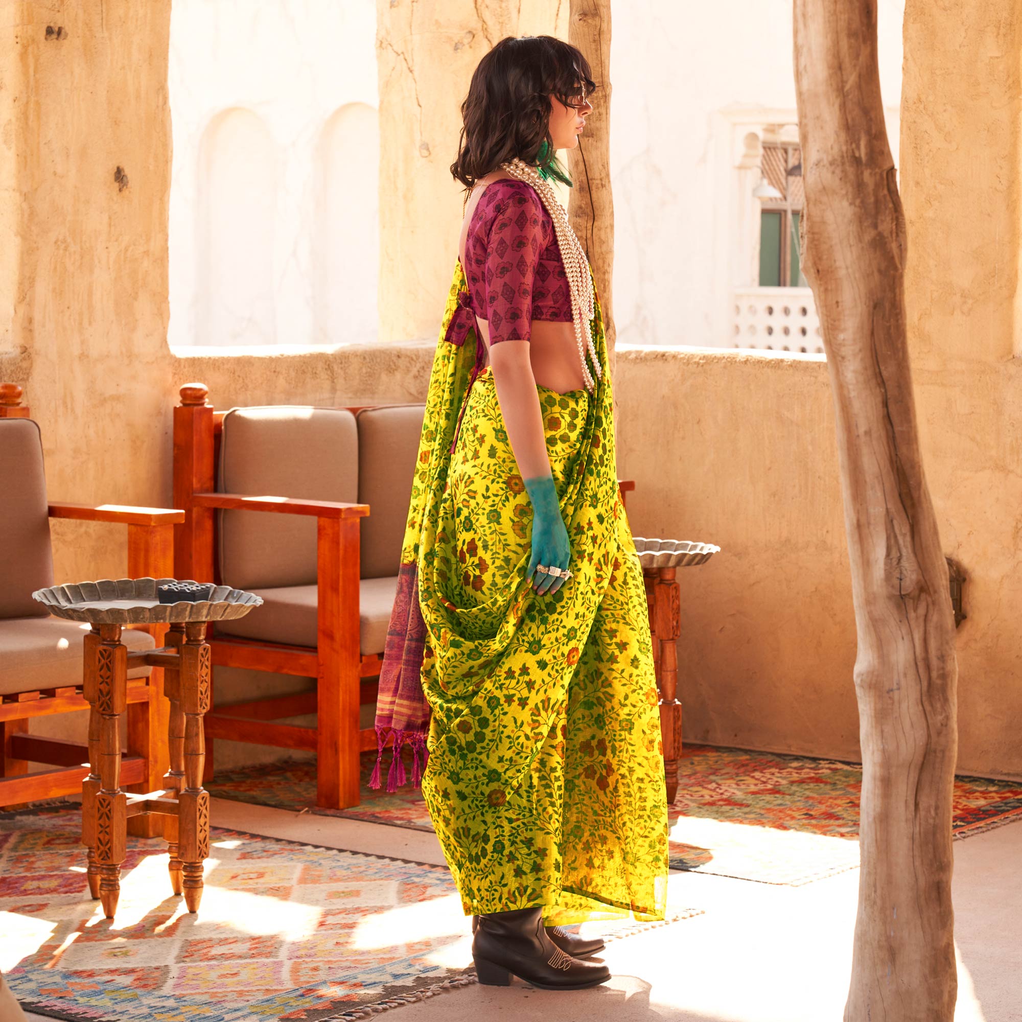 Yellow Floral Printed Tissue Saree With Tassels