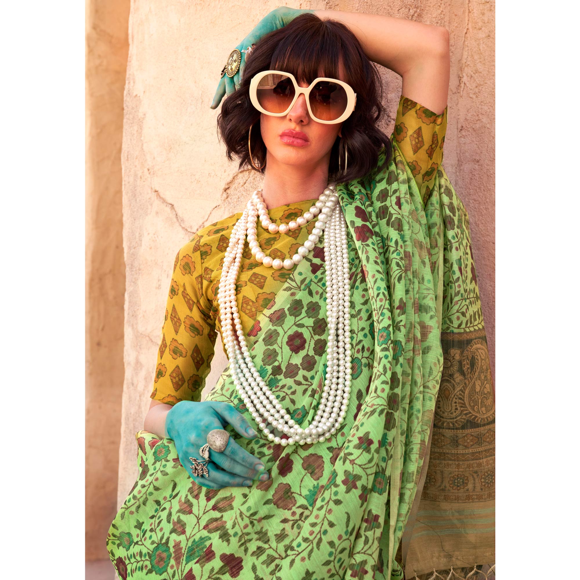 Sea Green Floral Printed Tissue Saree With Tassels