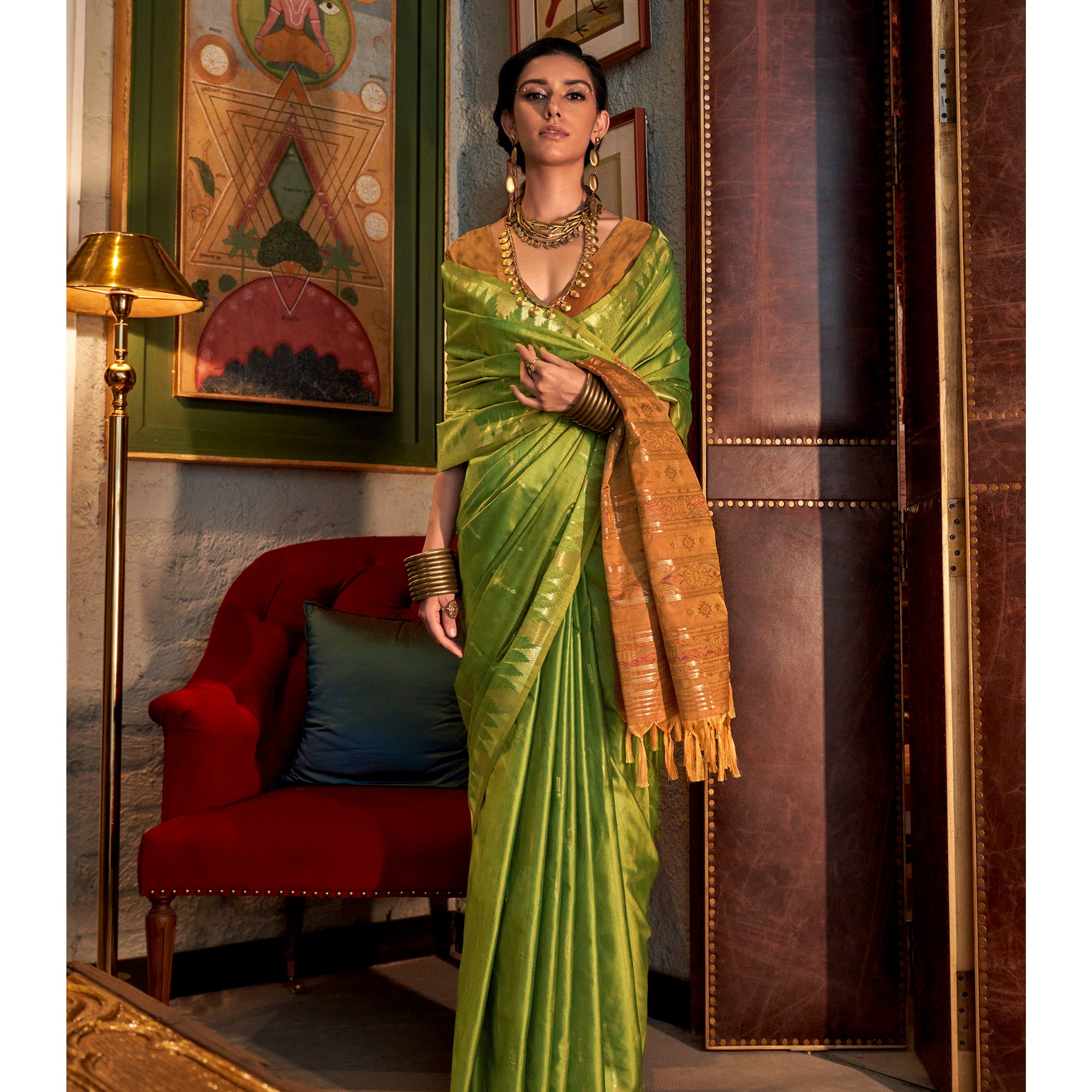 Green Zari Work Woven Tussar Silk Saree With Tassels