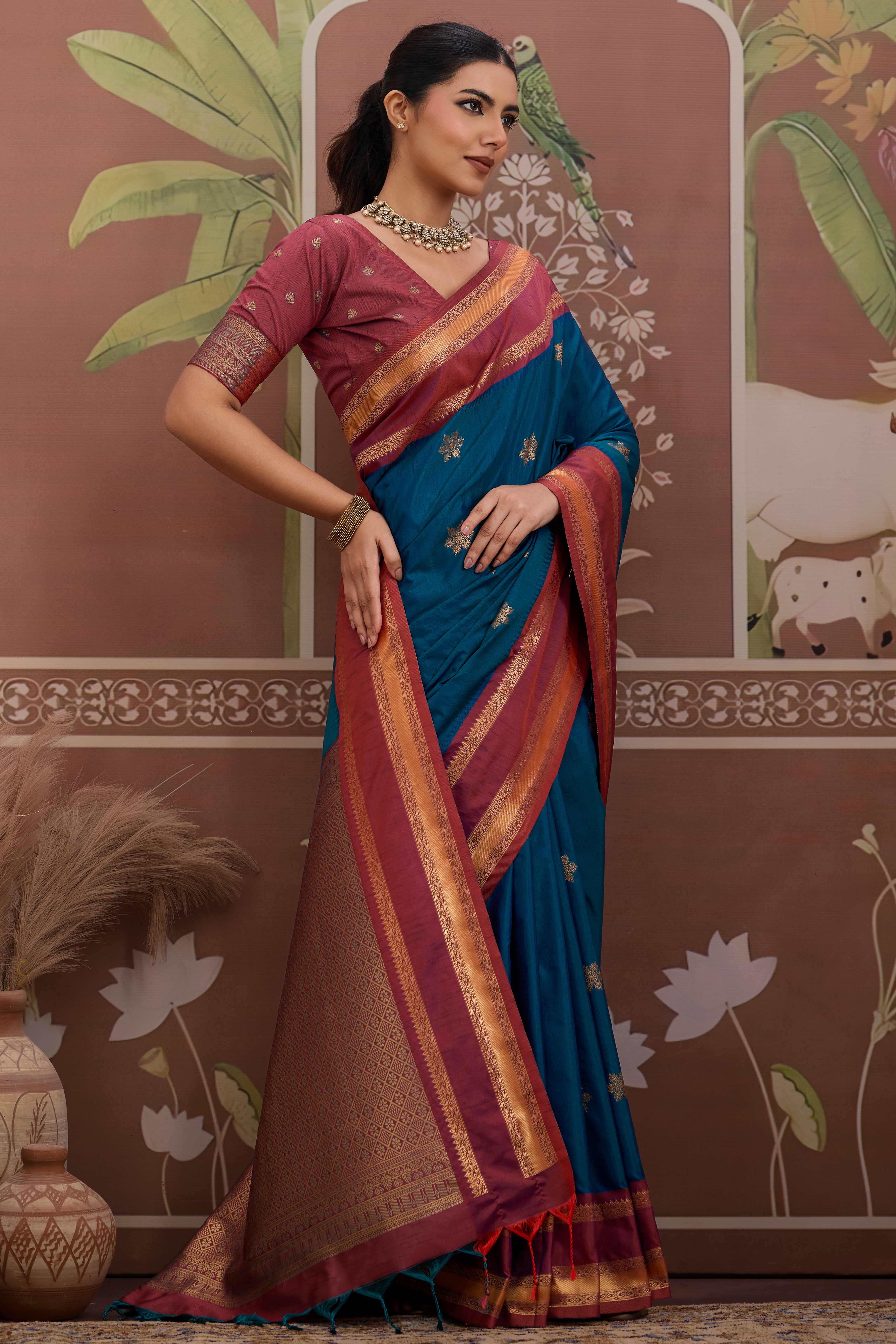 Luxury Style Teal Saree in Silk Blend with Intricate Zari Work