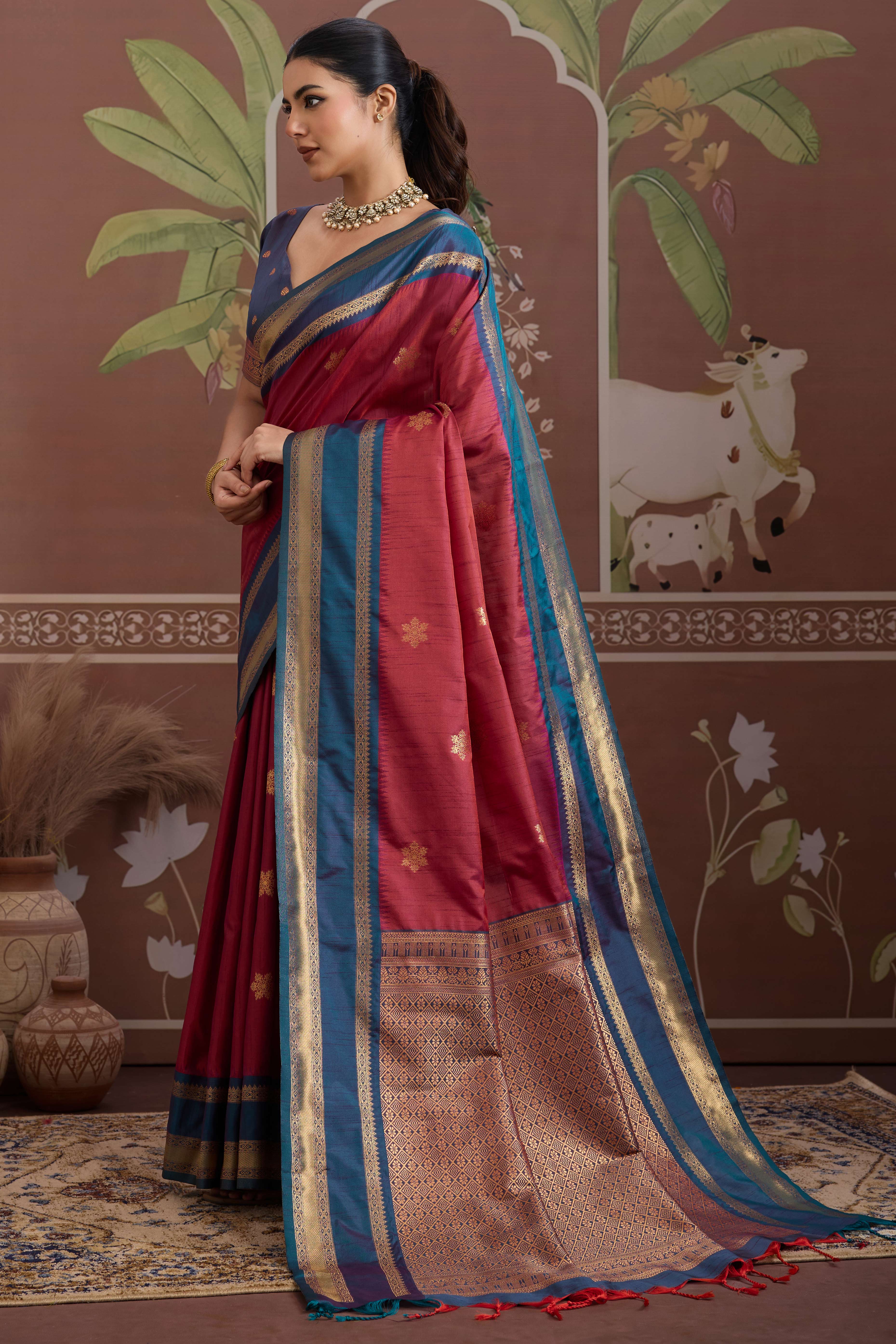 Luxury Style Maroon Saree in Silk Blend with Intricate Zari Work