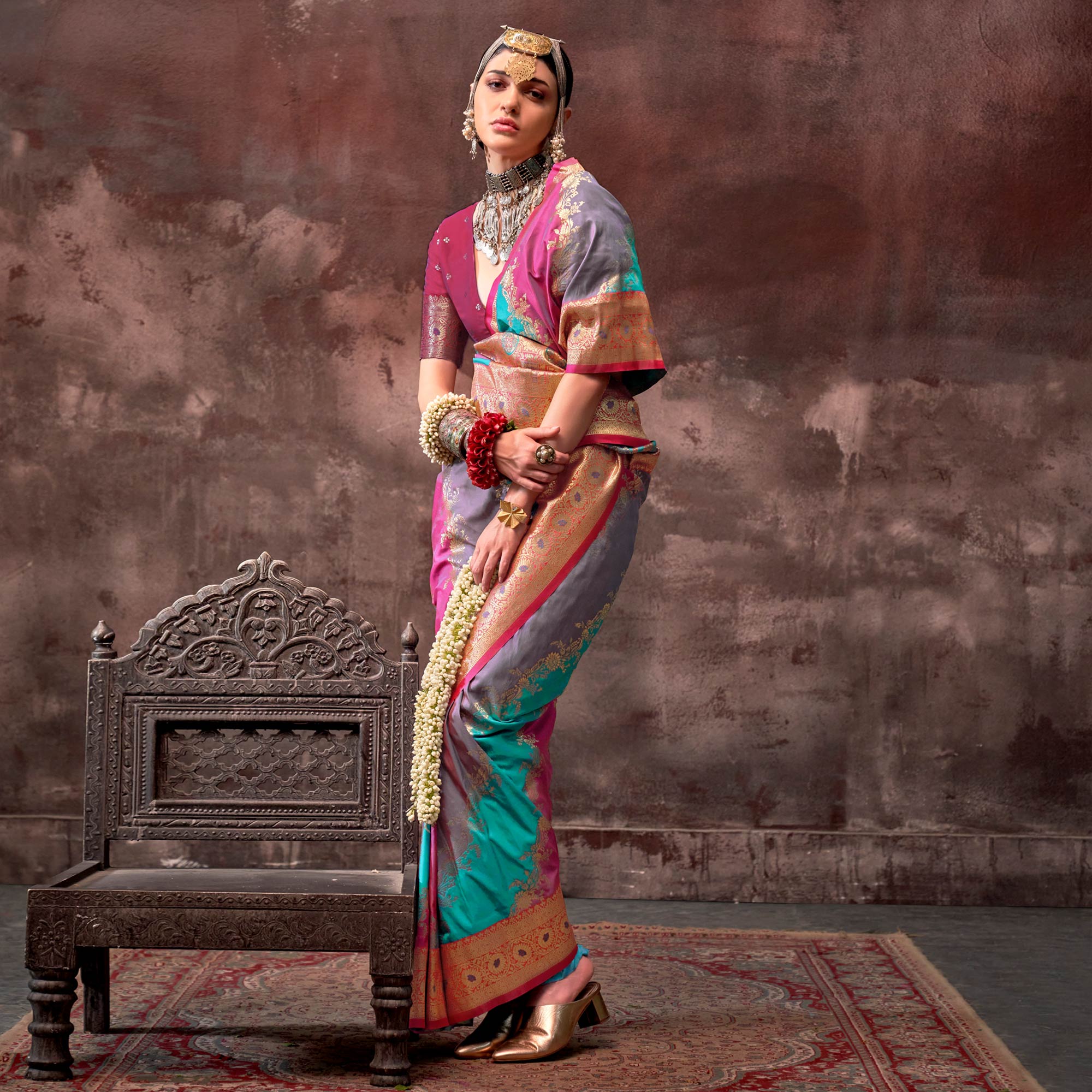 Wine Floral Woven Art Silk Saree With Tassels