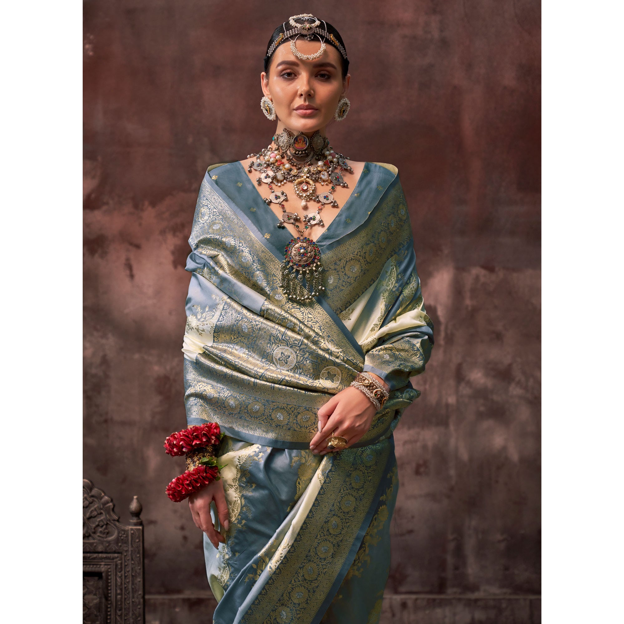 Grey Floral Woven Art Silk Saree With Tassels