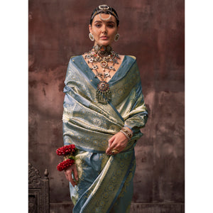 Grey Floral Woven Art Silk Saree With Tassels