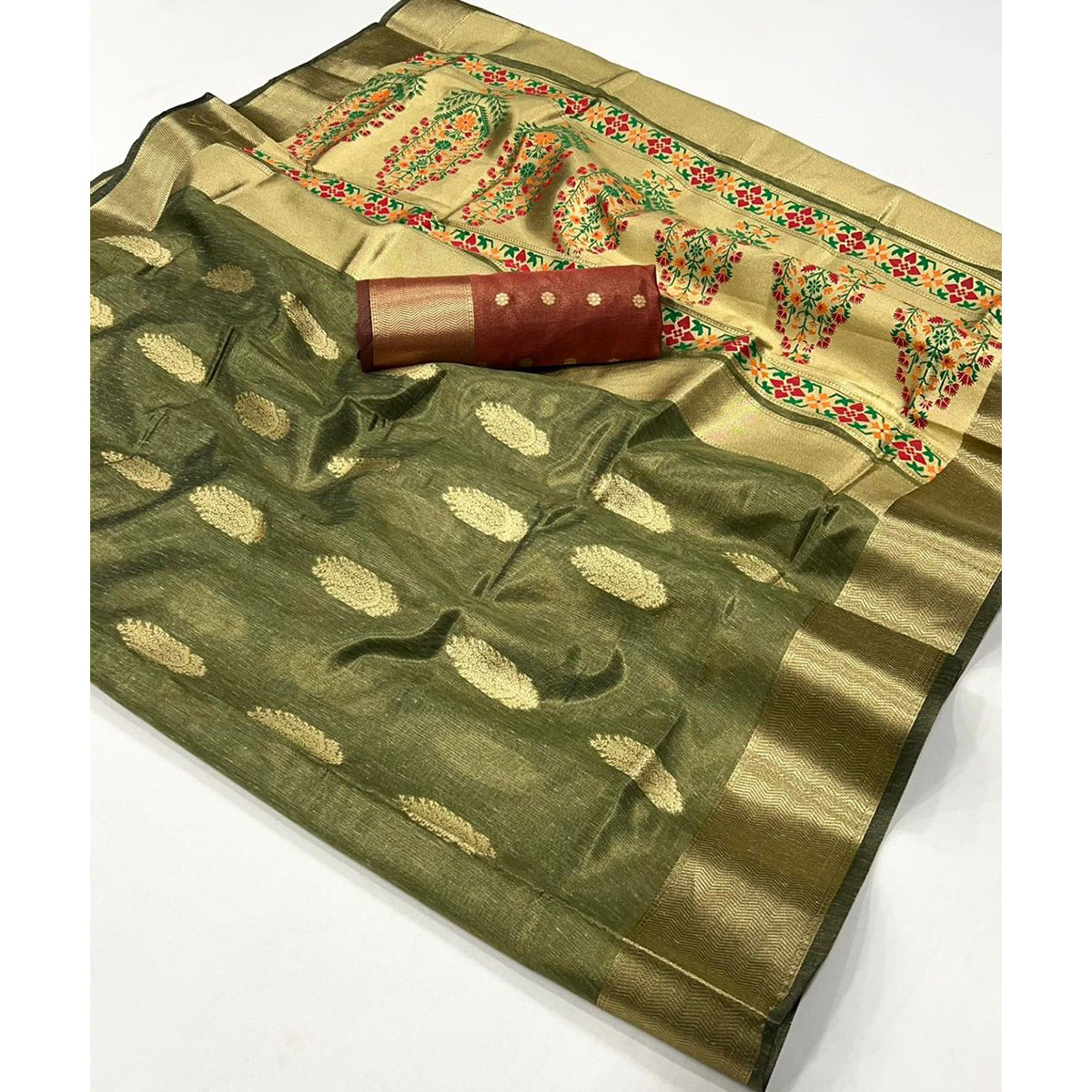 Green Floral Zari Woven Tissue Paithani Style Saree