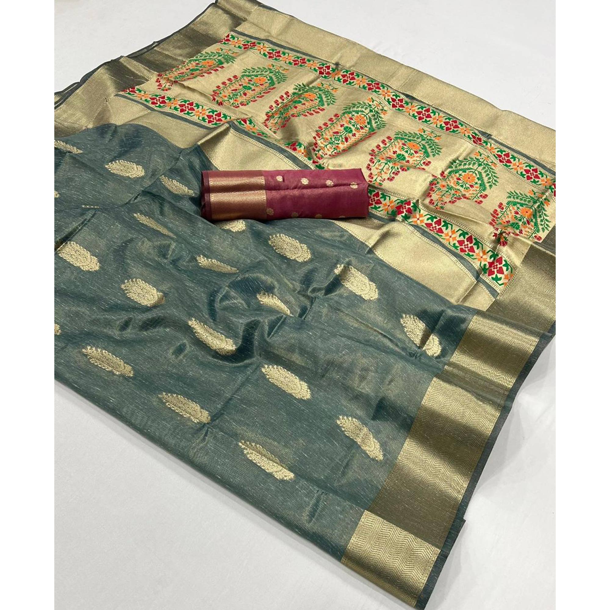 Blue Floral Zari Woven Tissue Paithani Style Saree