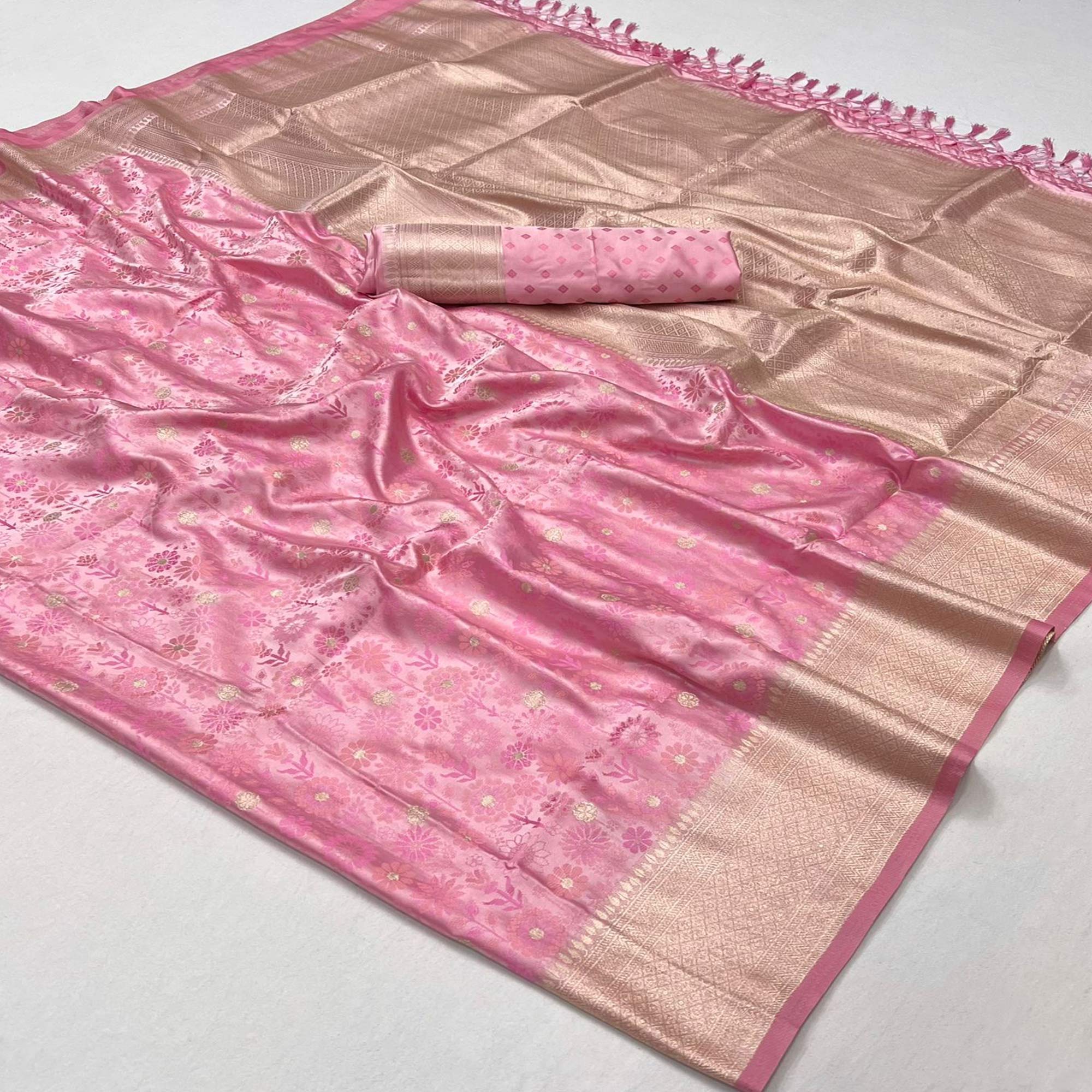 Pink Handloom Woven Pure Satin Saree