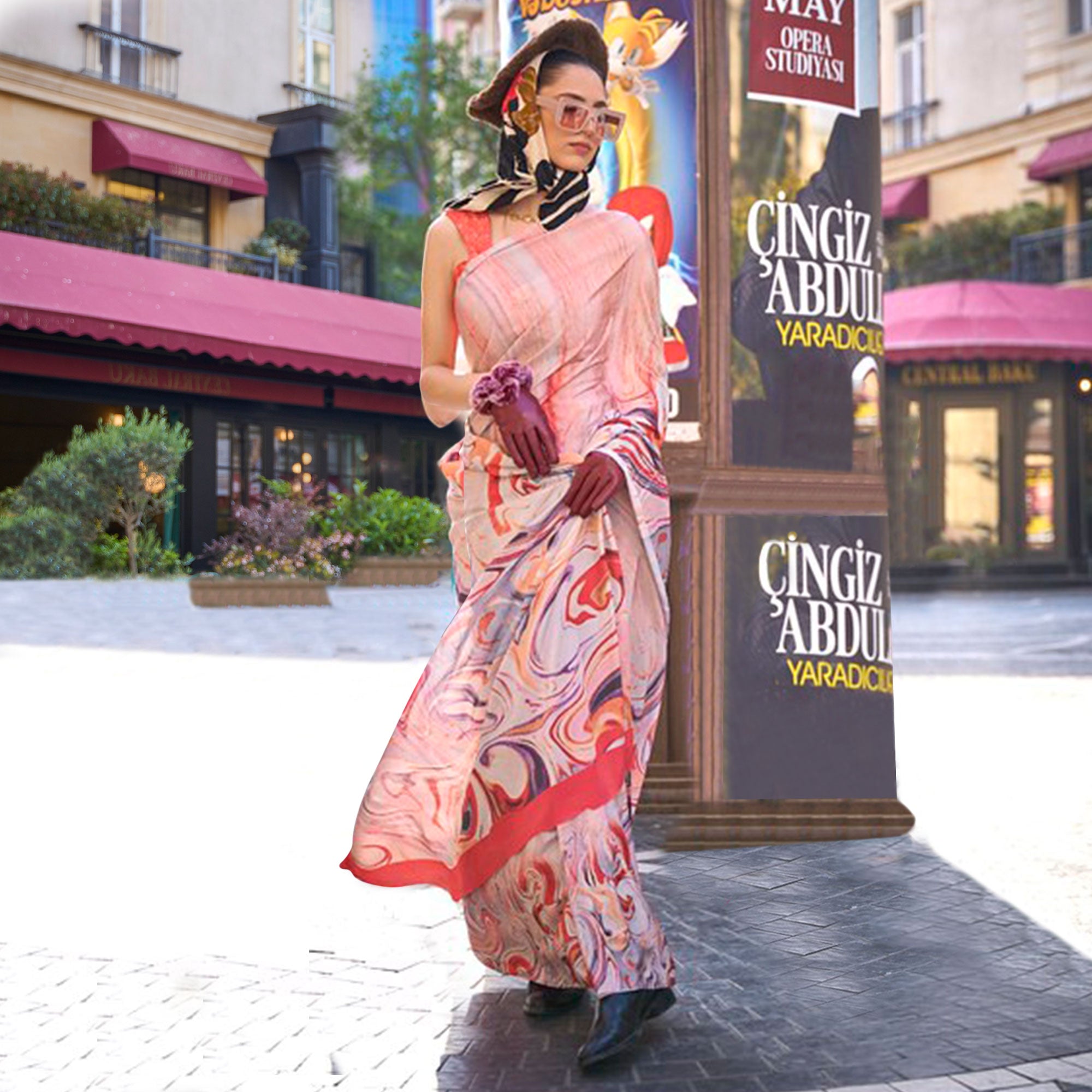 Peach Digital Printed Crepe Saree