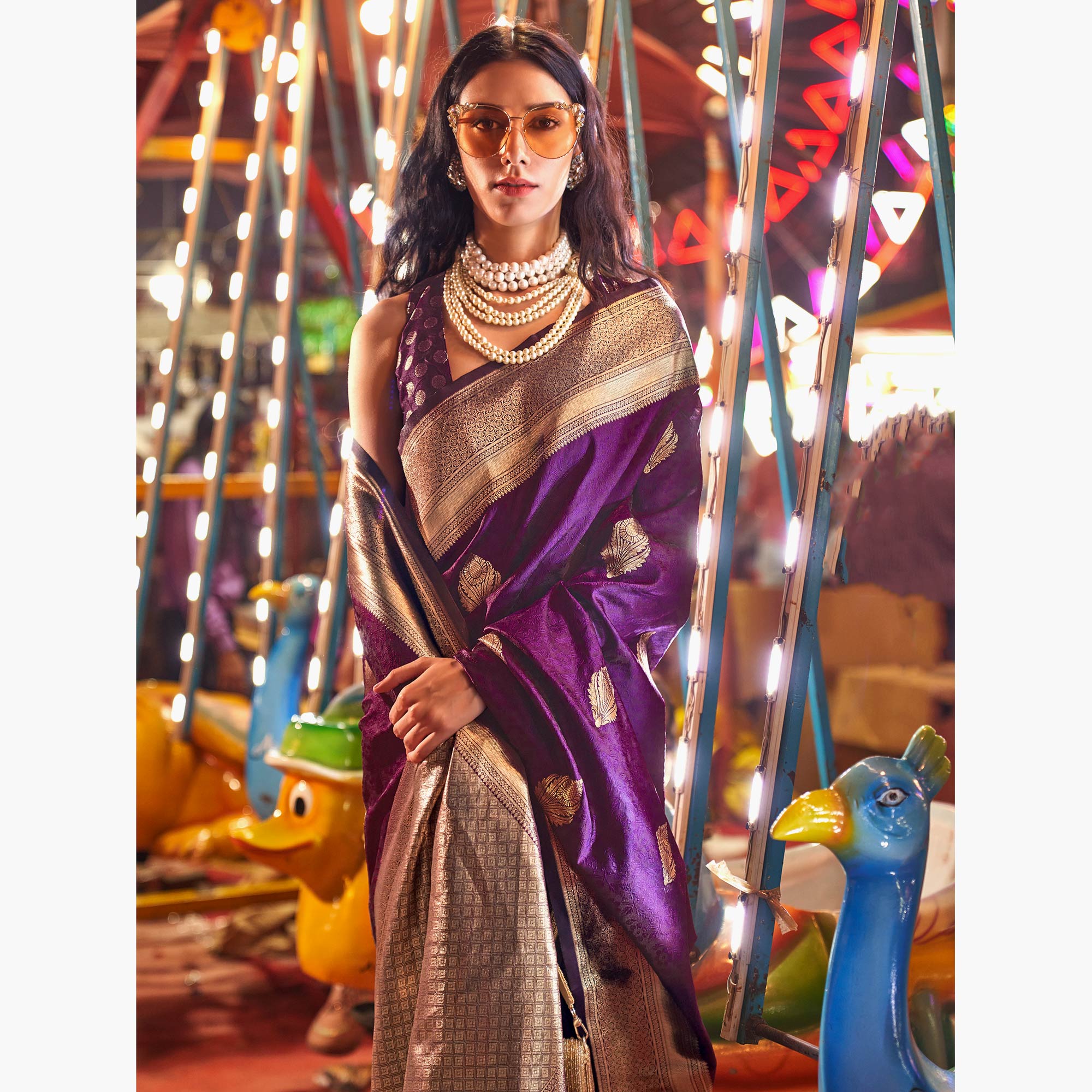 Purple Floral Woven Art Silk Saree