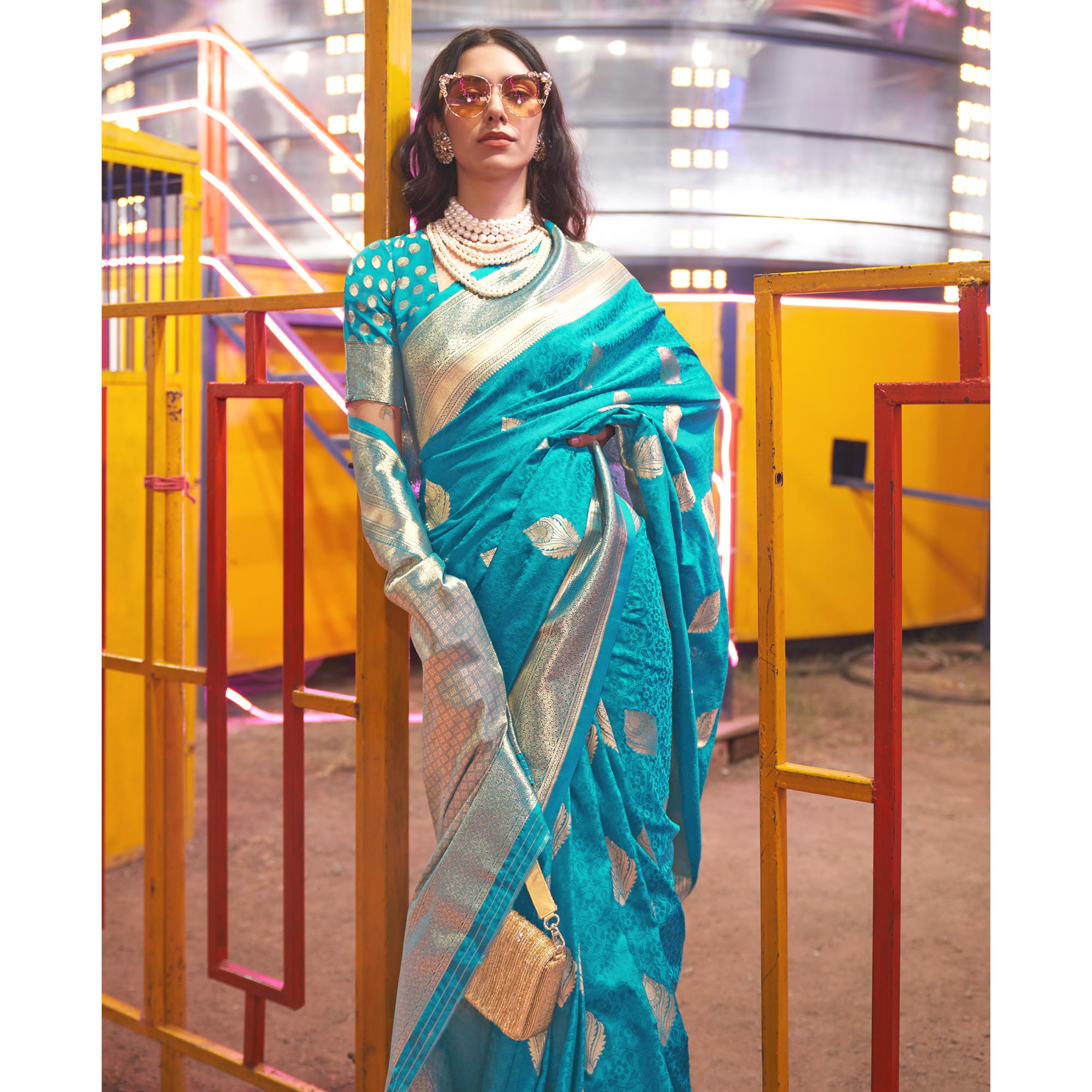 Rama Blue Floral Woven Art Silk Saree
