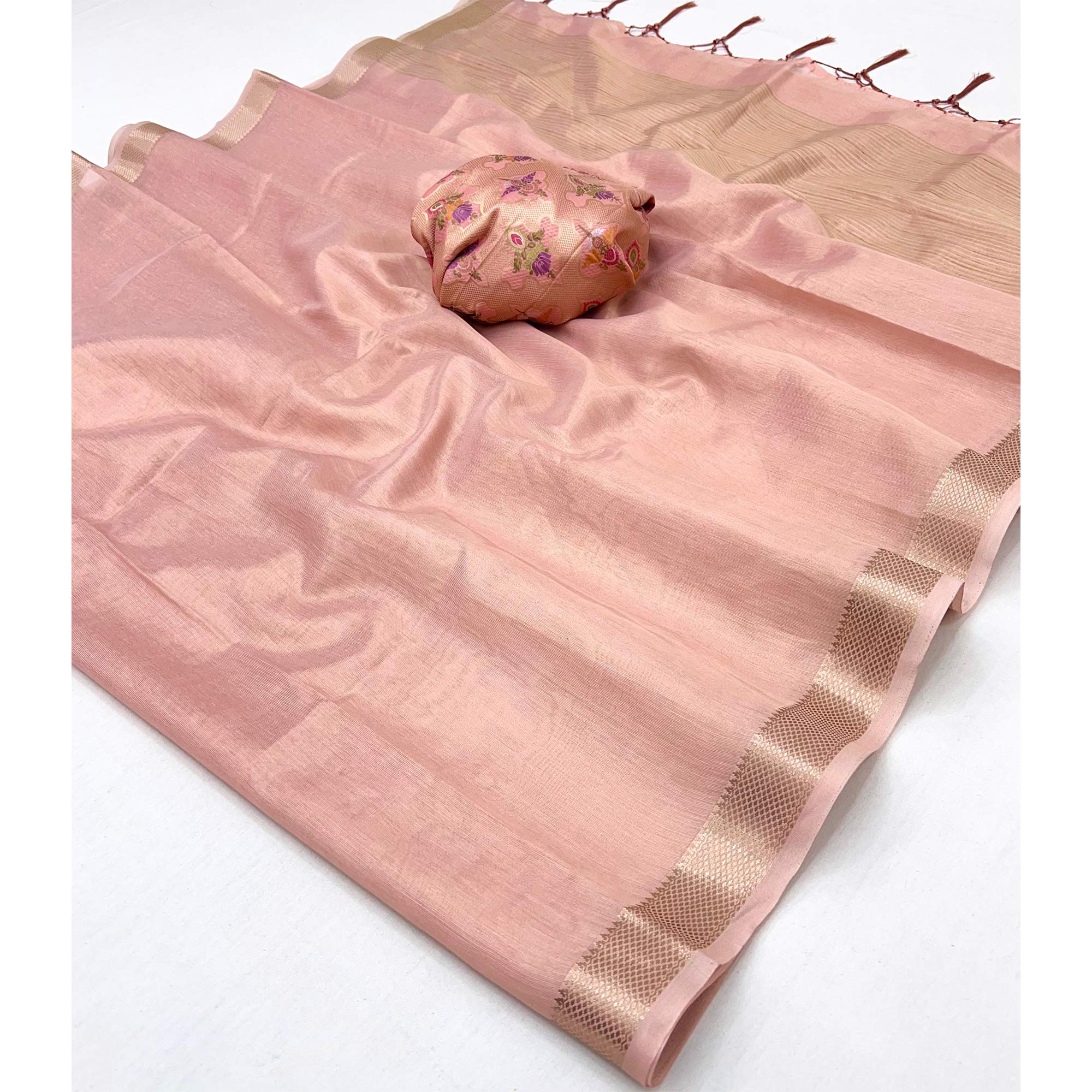 Delicate Pink Saree with Classic Zari Weaving on Tissue Fabric