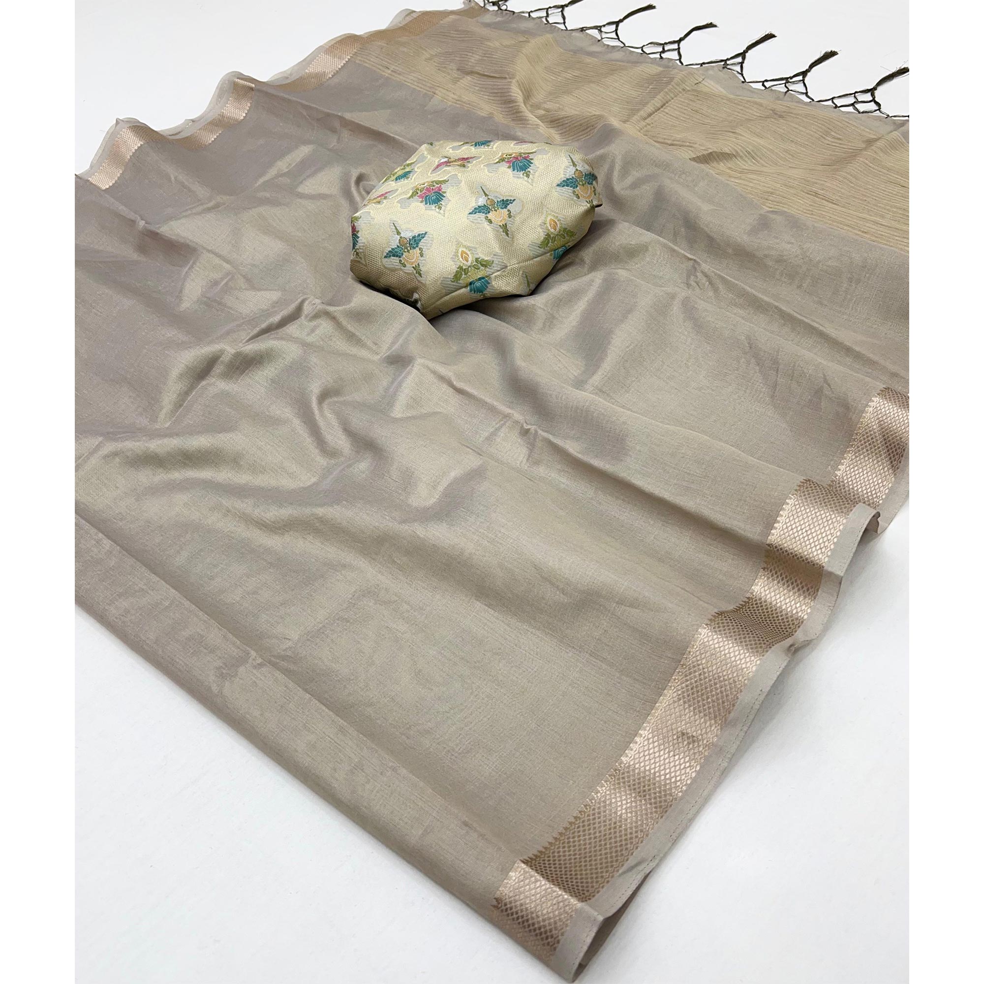 Delicate Grey Saree with Classic Zari Weaving on Tissue Fabric