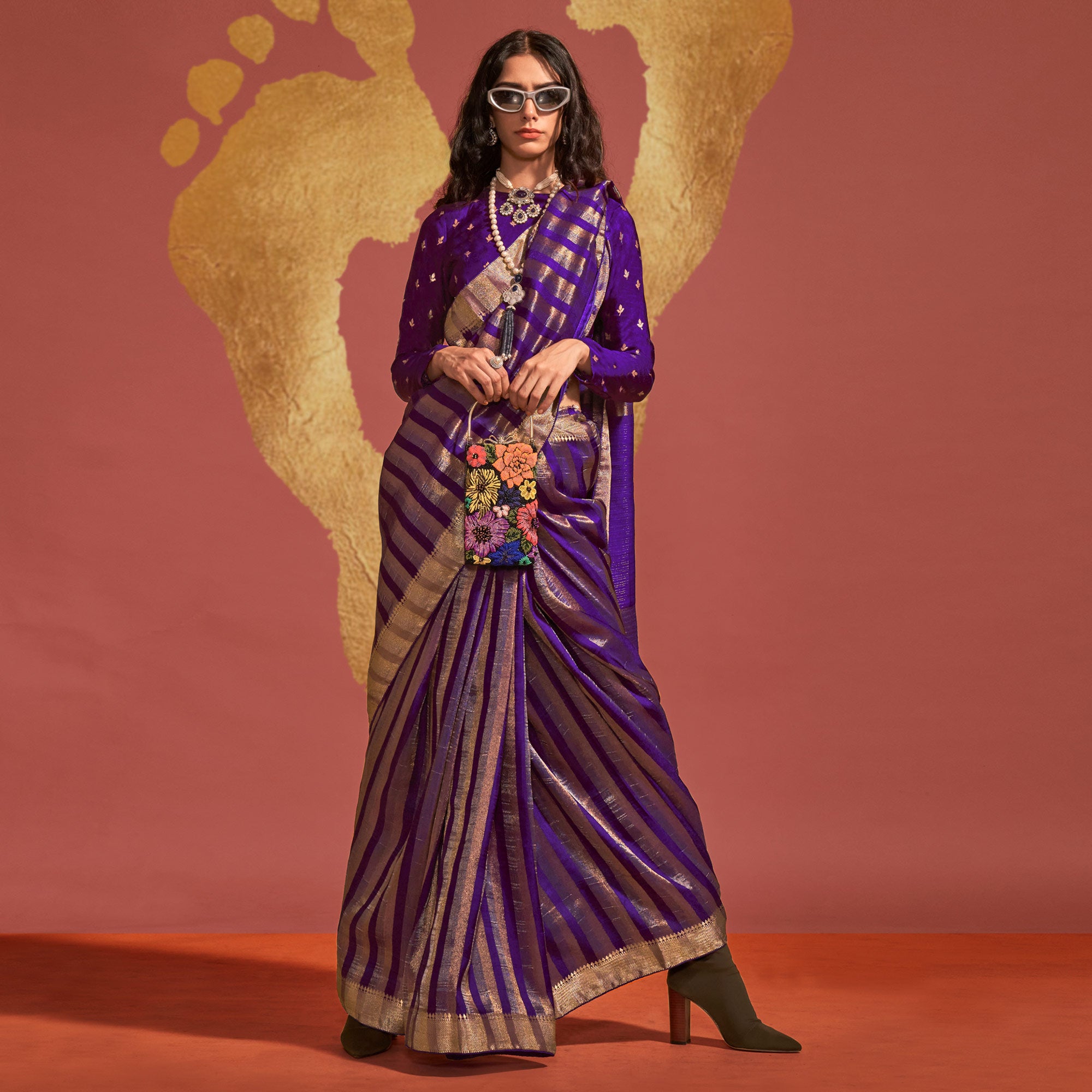 Purple Woven Viscose Saree With Tassels