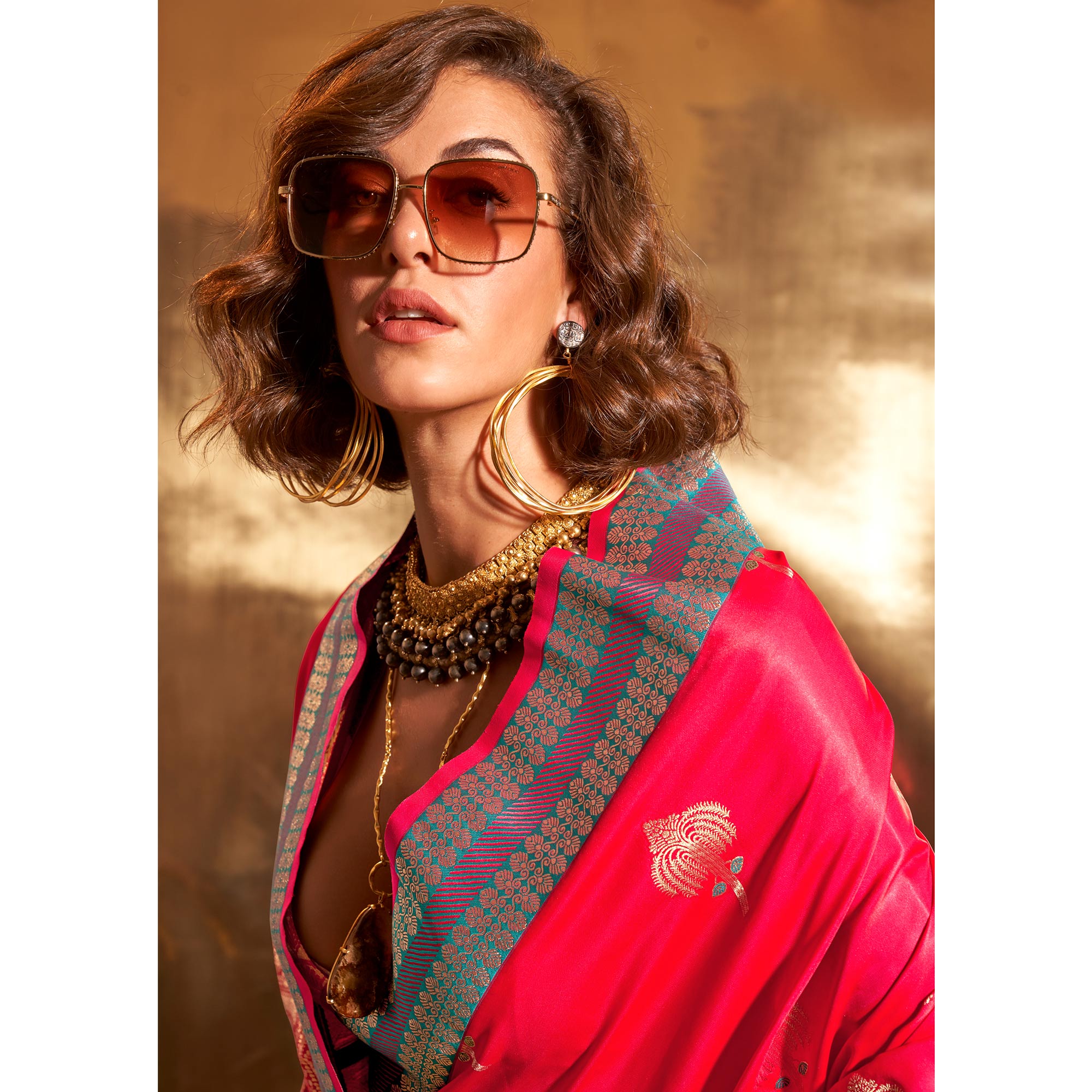 Pink Woven Satin Saree With Tassels