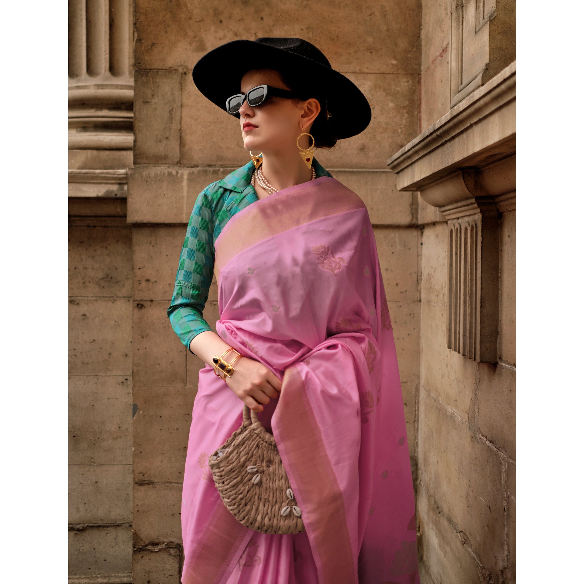 Pink Floral Woven Art Silk Saree With Tassels