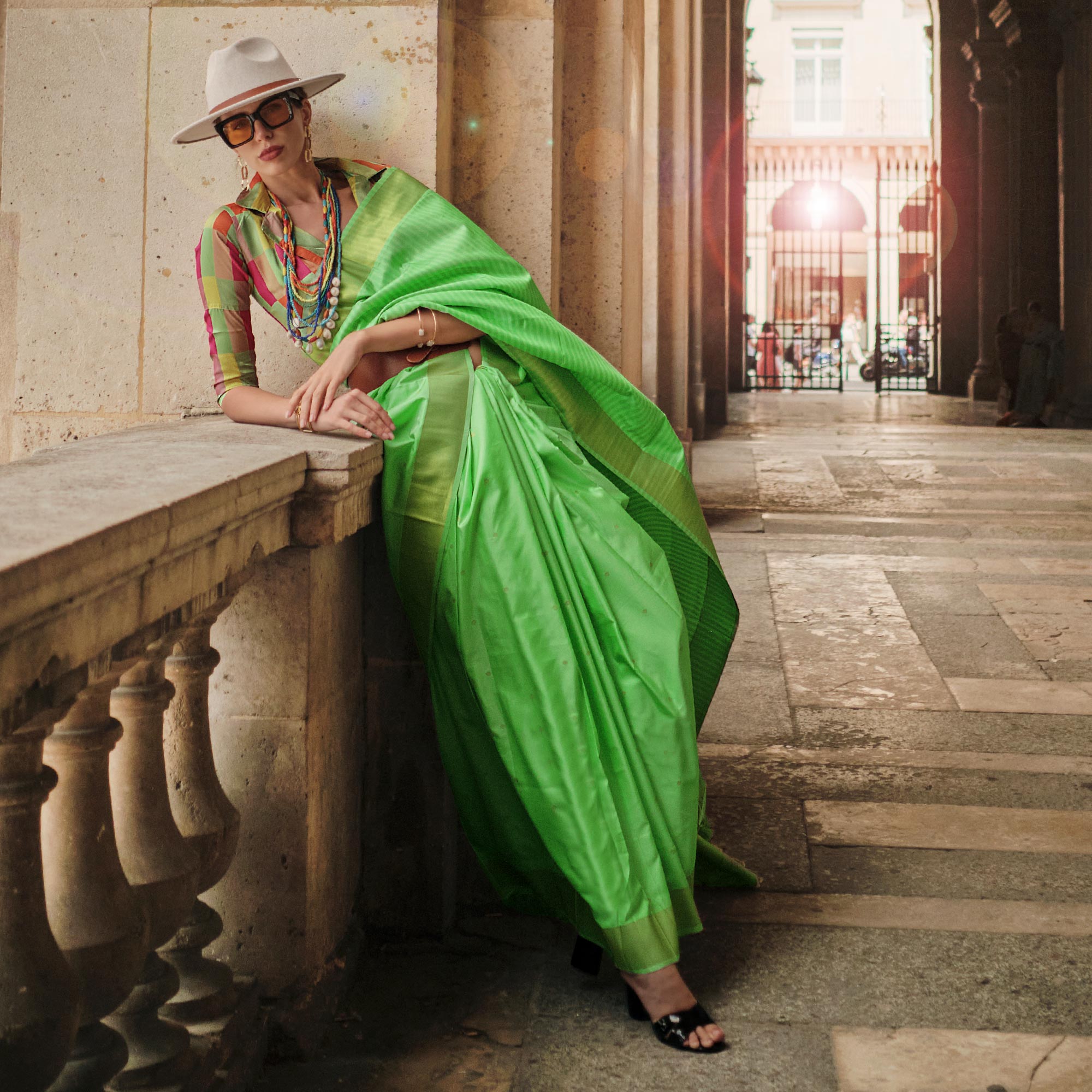 Green Floral Woven Art Silk Saree With Tassels