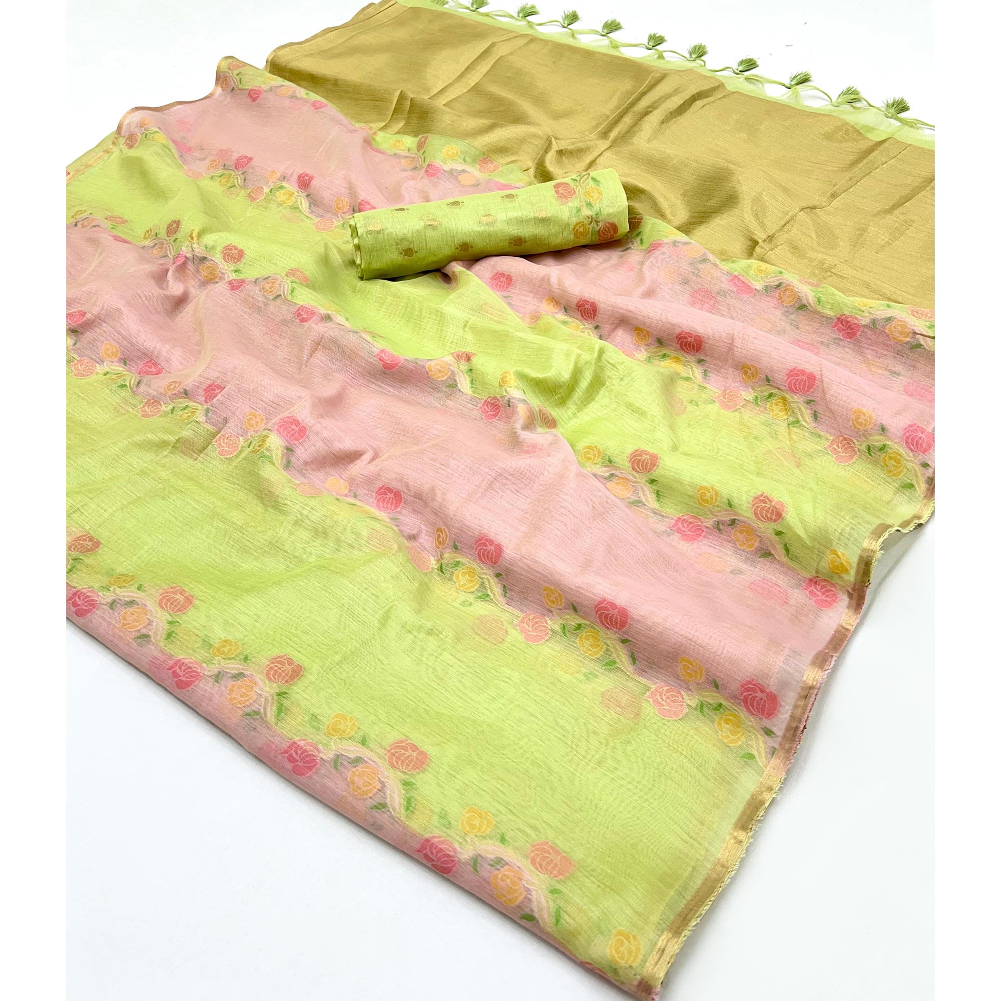Pastel Green & Light Pink Floral Handwoven Cotton Blend Saree