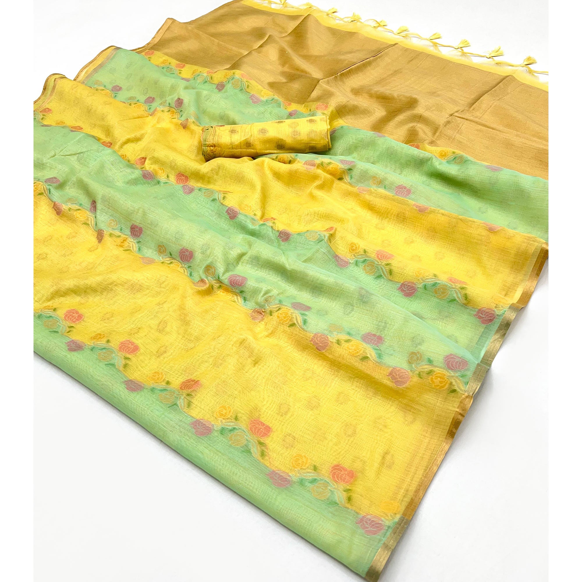 Yellow With Soft Green Floral Handwoven Cotton Blend Saree
