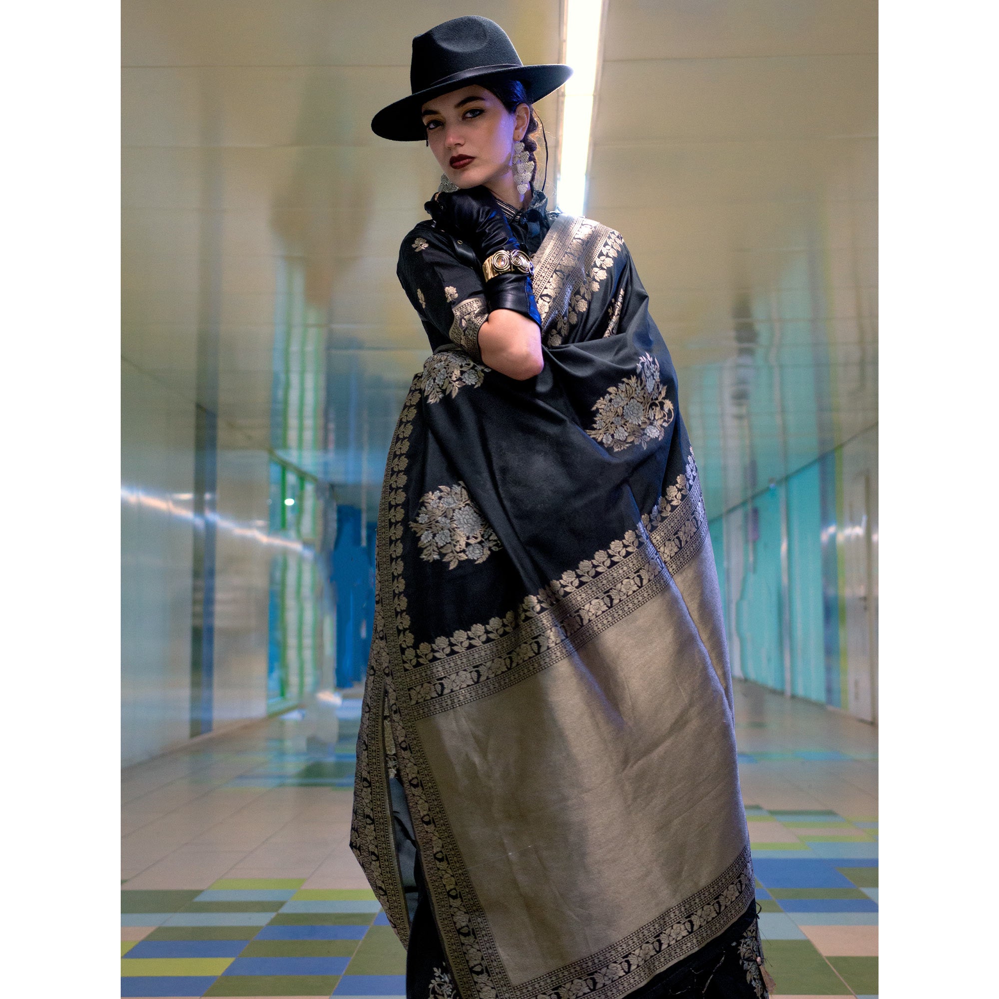 Black Floral Woven Art Silk Saree With Tassels